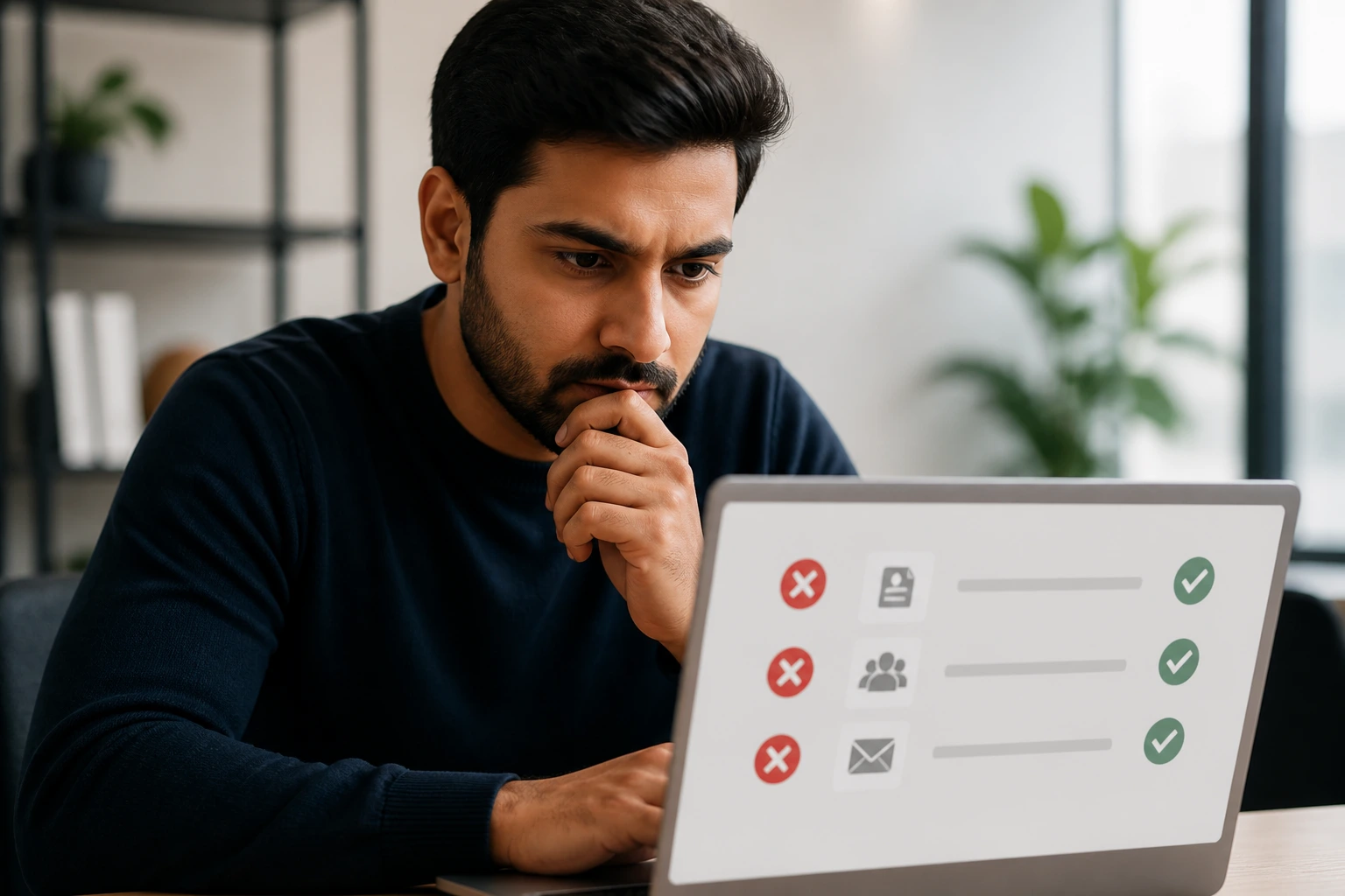 Close-up of a professional avoiding sponsorship and role-mismatch mistakes, illustrated by a focused gaze at a text-free screen.