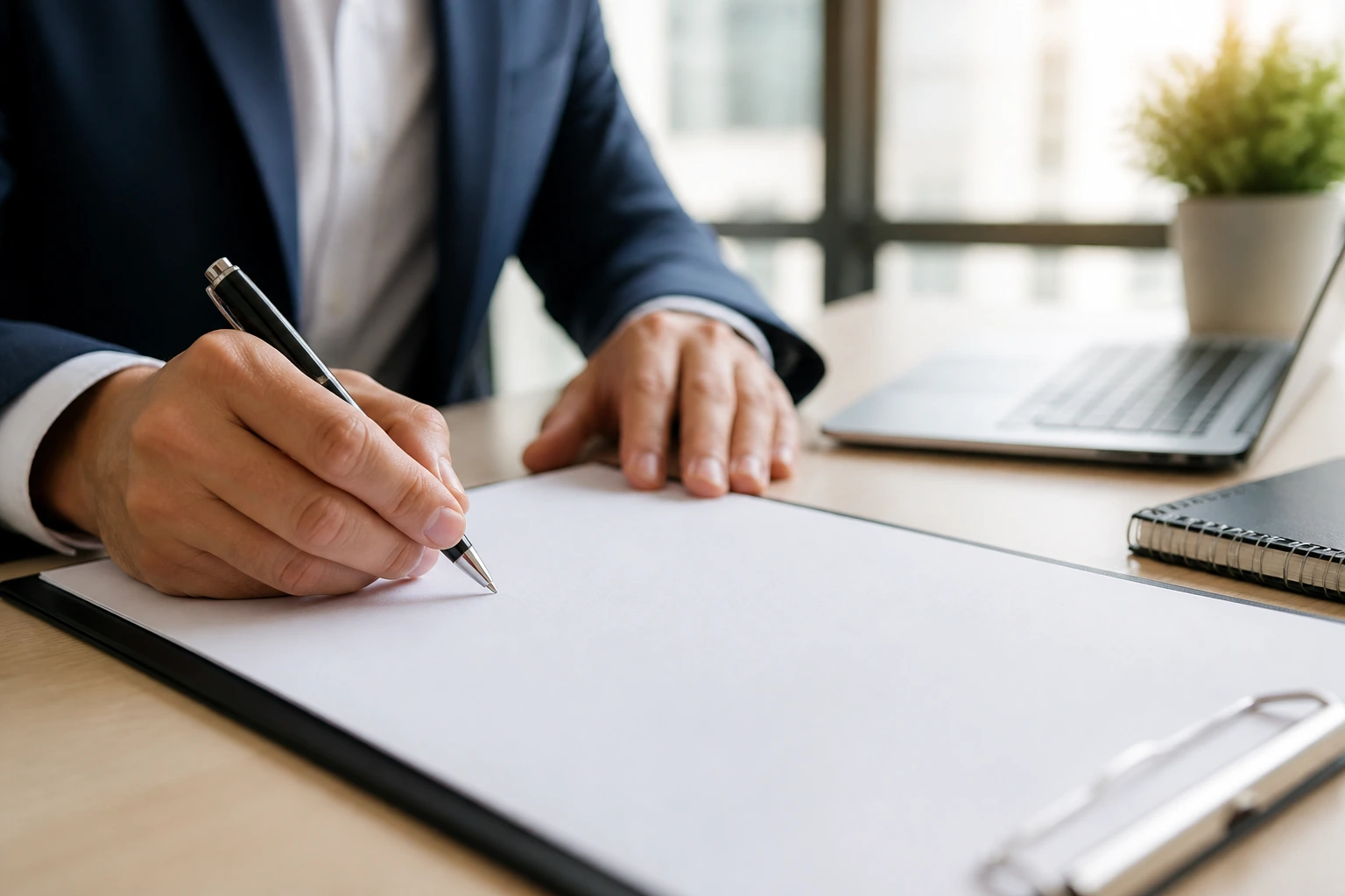Close-up of hands signing a contract in an office