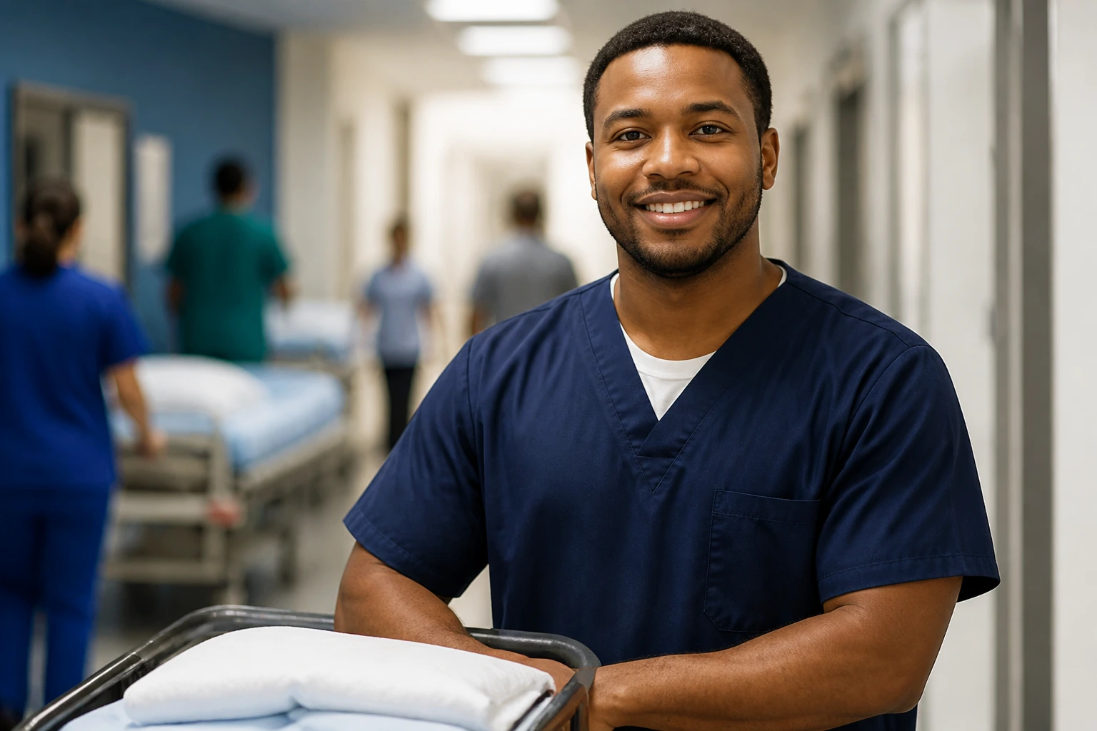 Portrait of a healthcare worker in scrubs in a hospital corridor, representing sponsorship-friendly roles.