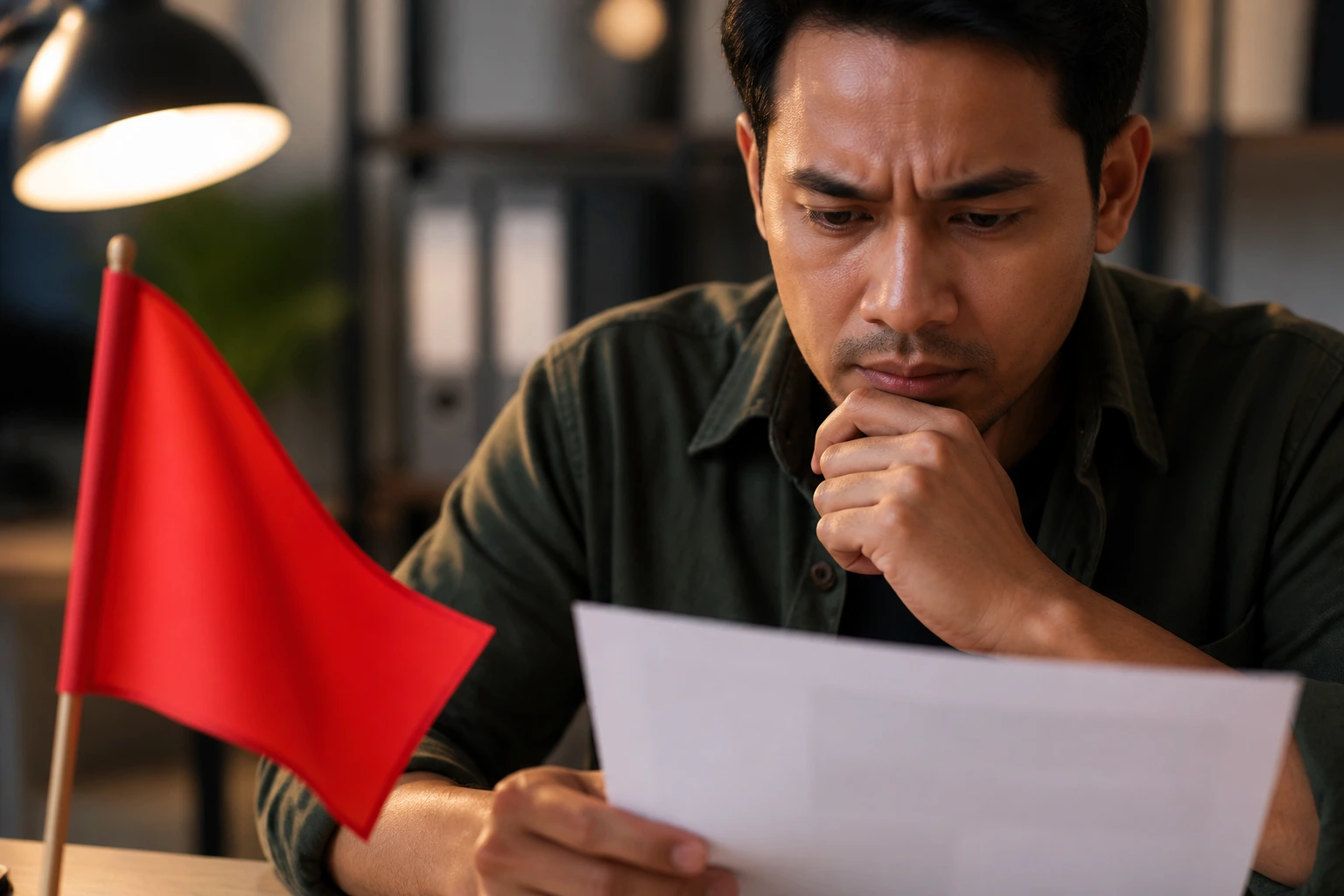 Portrait of a person evaluating a suspicious sponsorship offer with a red flag cue on a desk