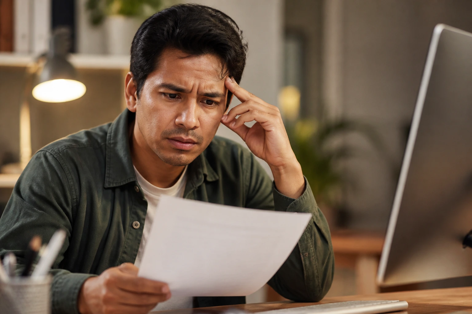 Wary job seeker in an office contemplating sponsorship offer red flags