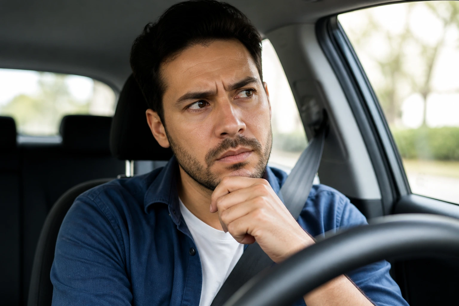 Wary rideshare driver assessing a sponsorship opportunity inside a car.