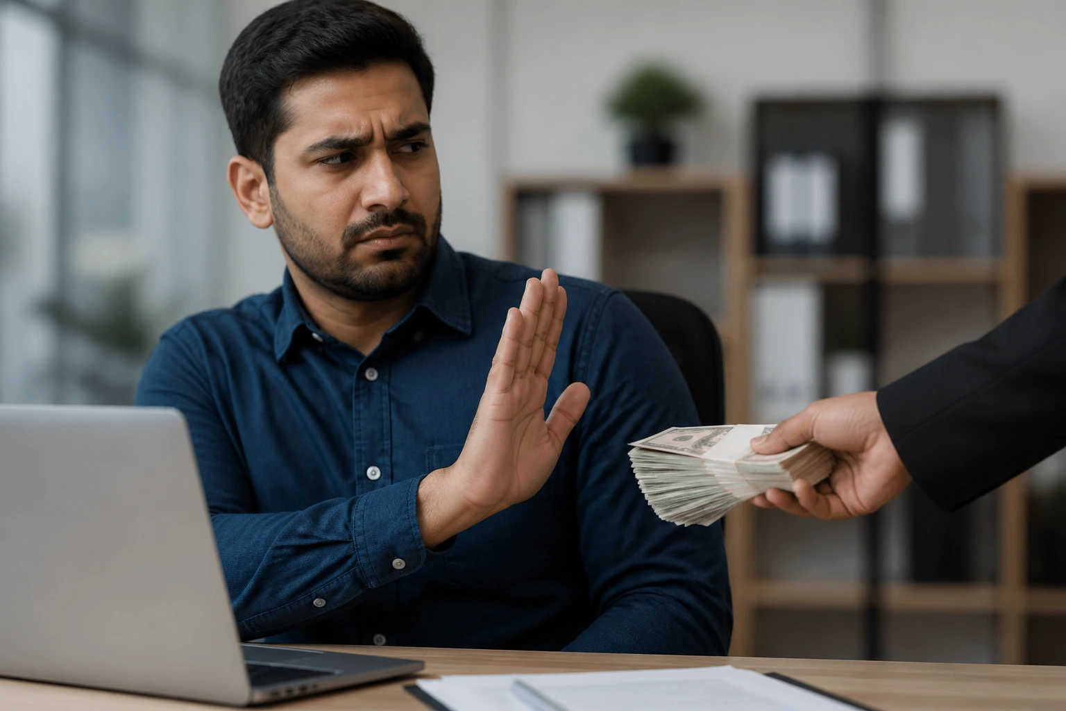 Wary worker turning away from a laptop, highlighting sponsorship scam warnings