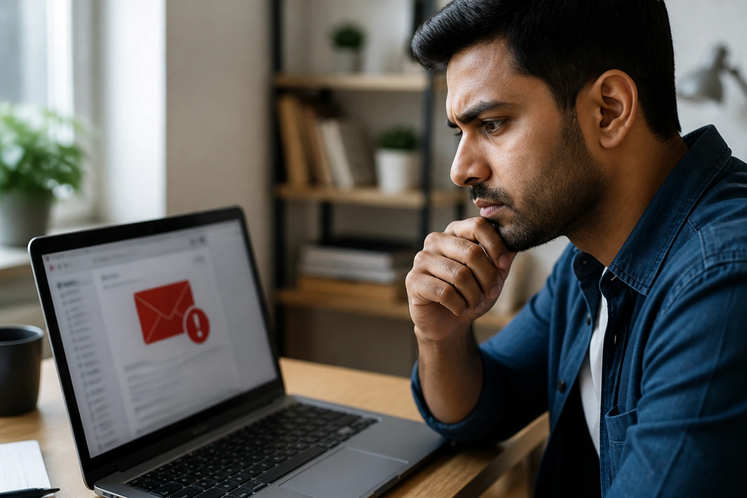 Close-up of a person evaluating a suspicious sponsorship email at a desk