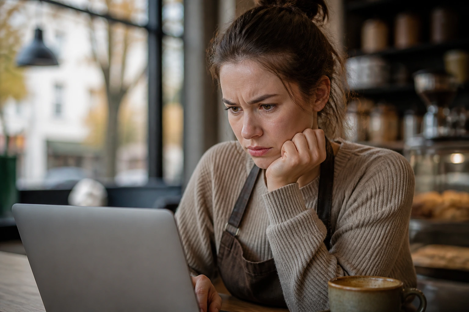 Person seated at a desk with laptop, looking wary