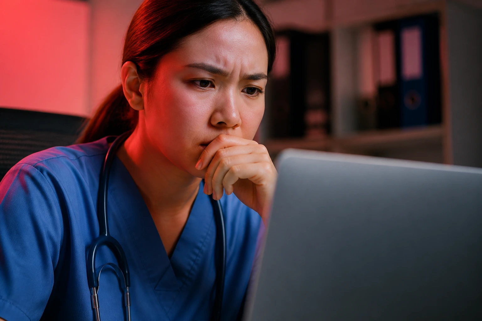 Portrait of a cautious woman at a laptop in an office