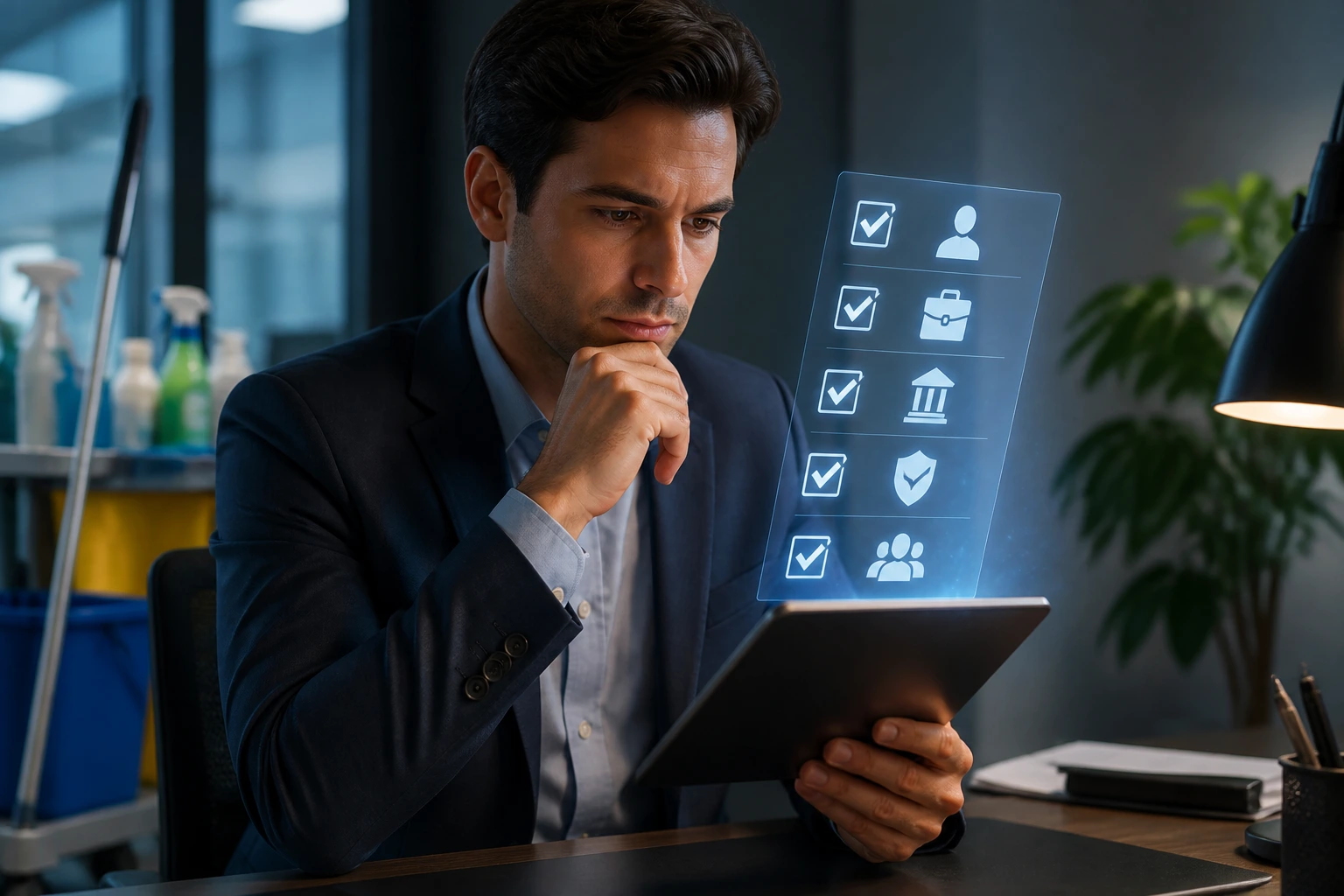 Professional in an office evaluating sponsorship options with a thoughtful expression.