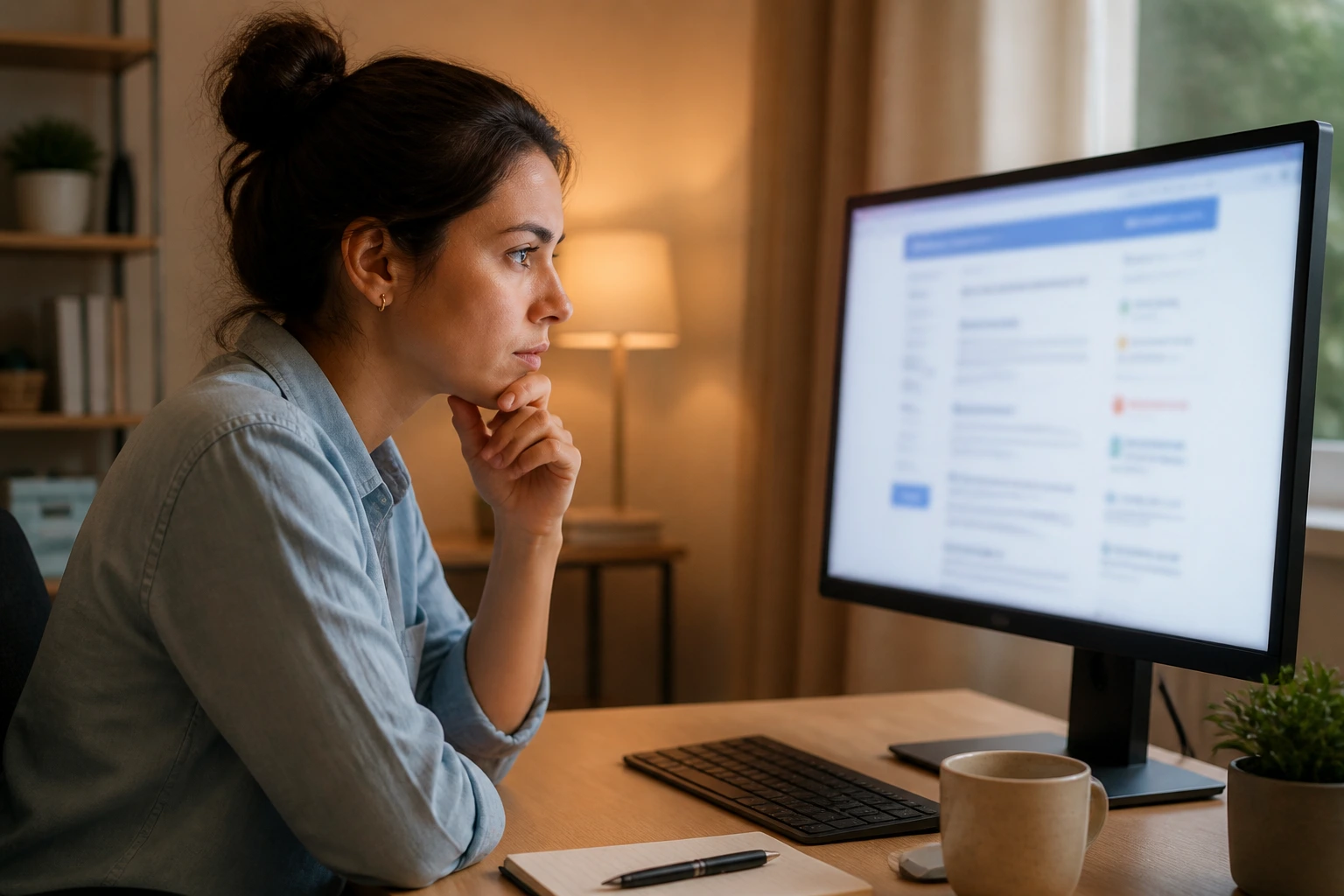 Job seeker at desk looking at a blurred screen