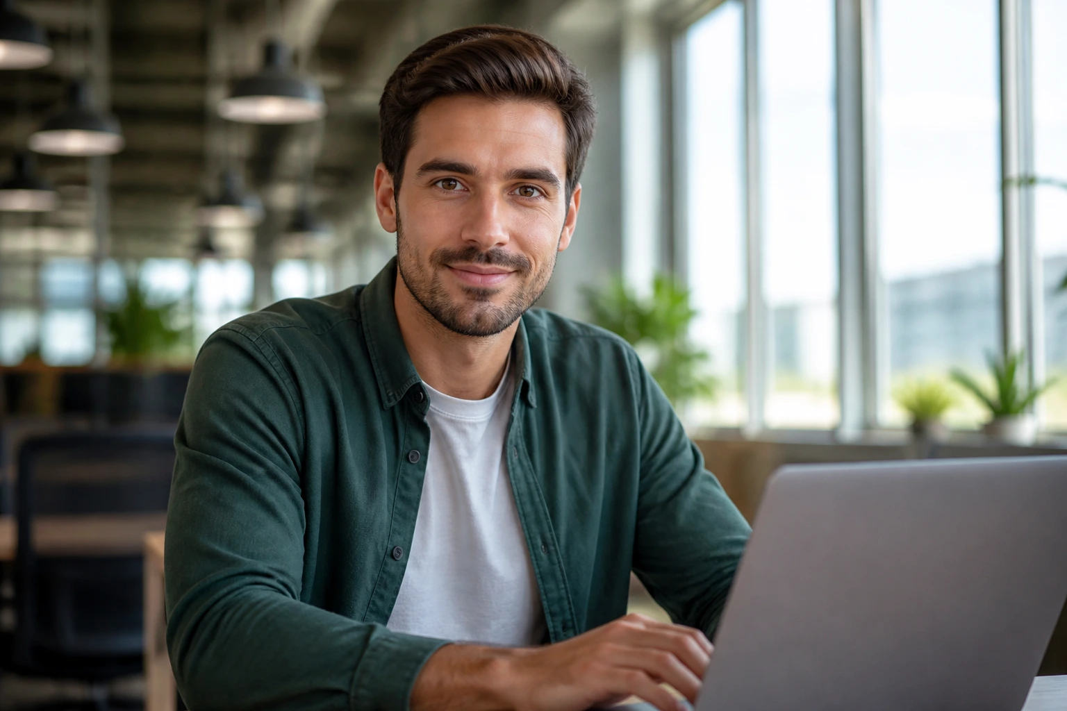 Portrait of a professional at a laptop in a coworking space illustrating sponsorship search