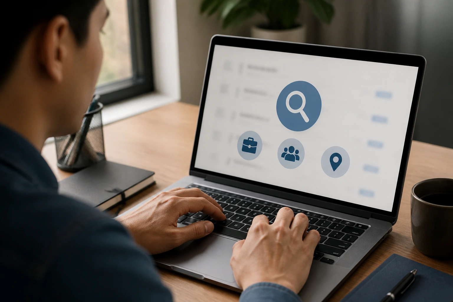 Person searching for visa sponsorship roles on laptop with blurred screen