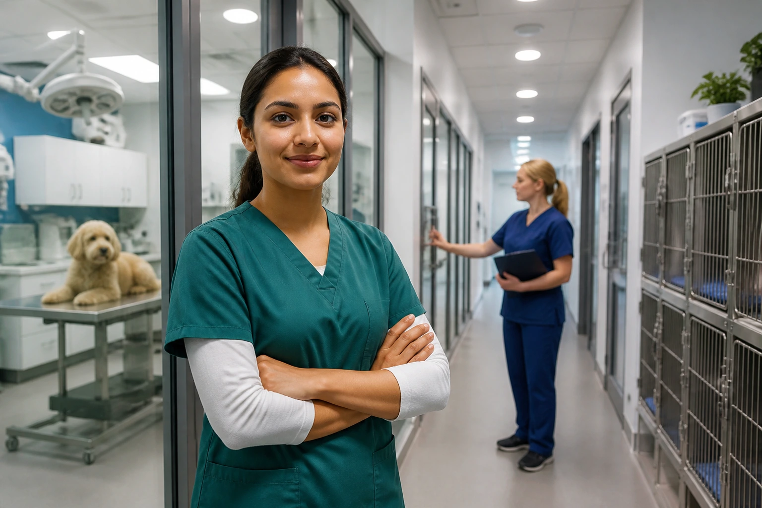 Nurse in modern corporate veterinary clinic corridor representing sponsorship-friendly setting