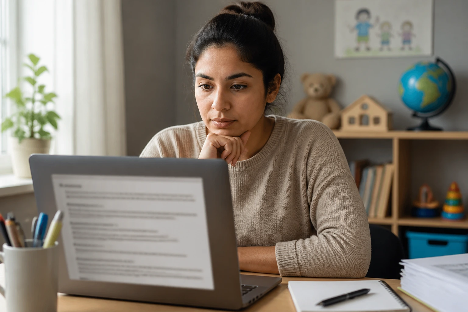 Close-up of a job seeker examining sponsorship signals on a laptop in a home office.