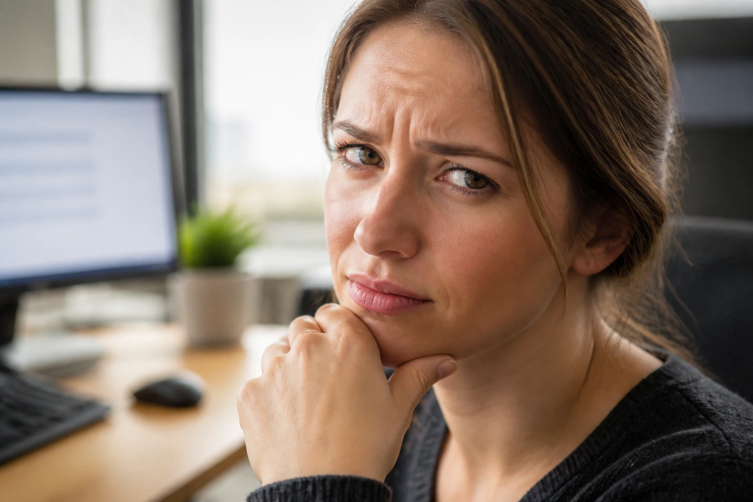 Close-up portrait of a skeptical job seeker in an office.