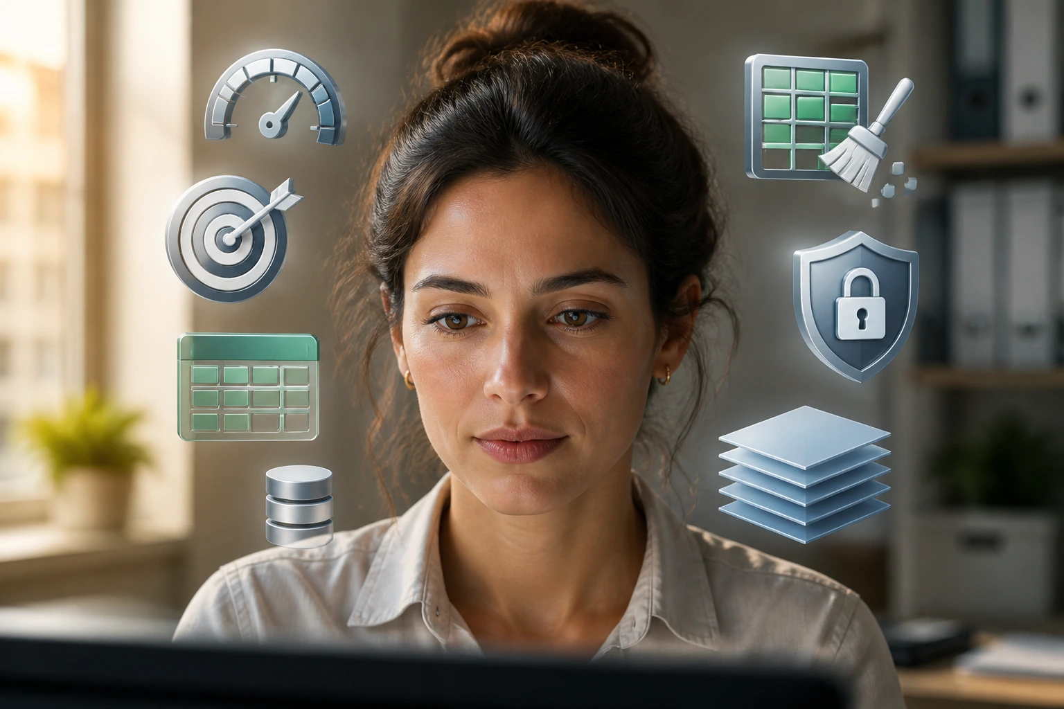 Portrait with skill-icons around head representing speed, accuracy, Excel, confidentiality