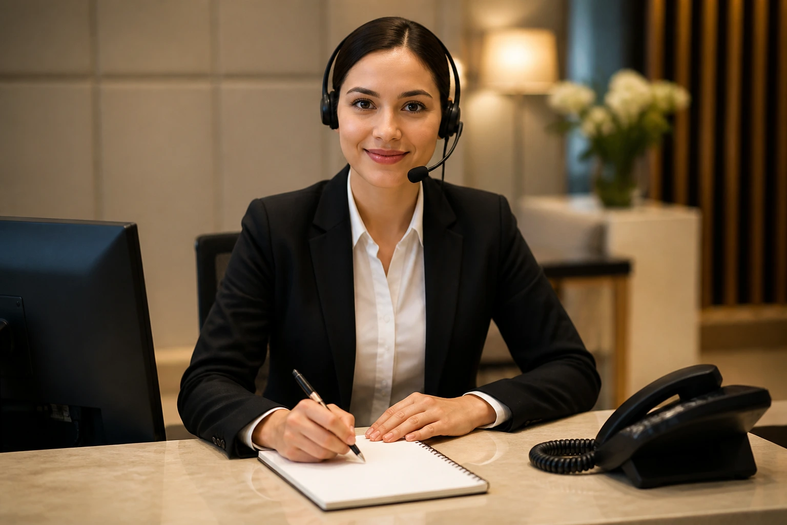 Professional at a front desk demonstrating sponsorship-ready skills with headset and blank notepad