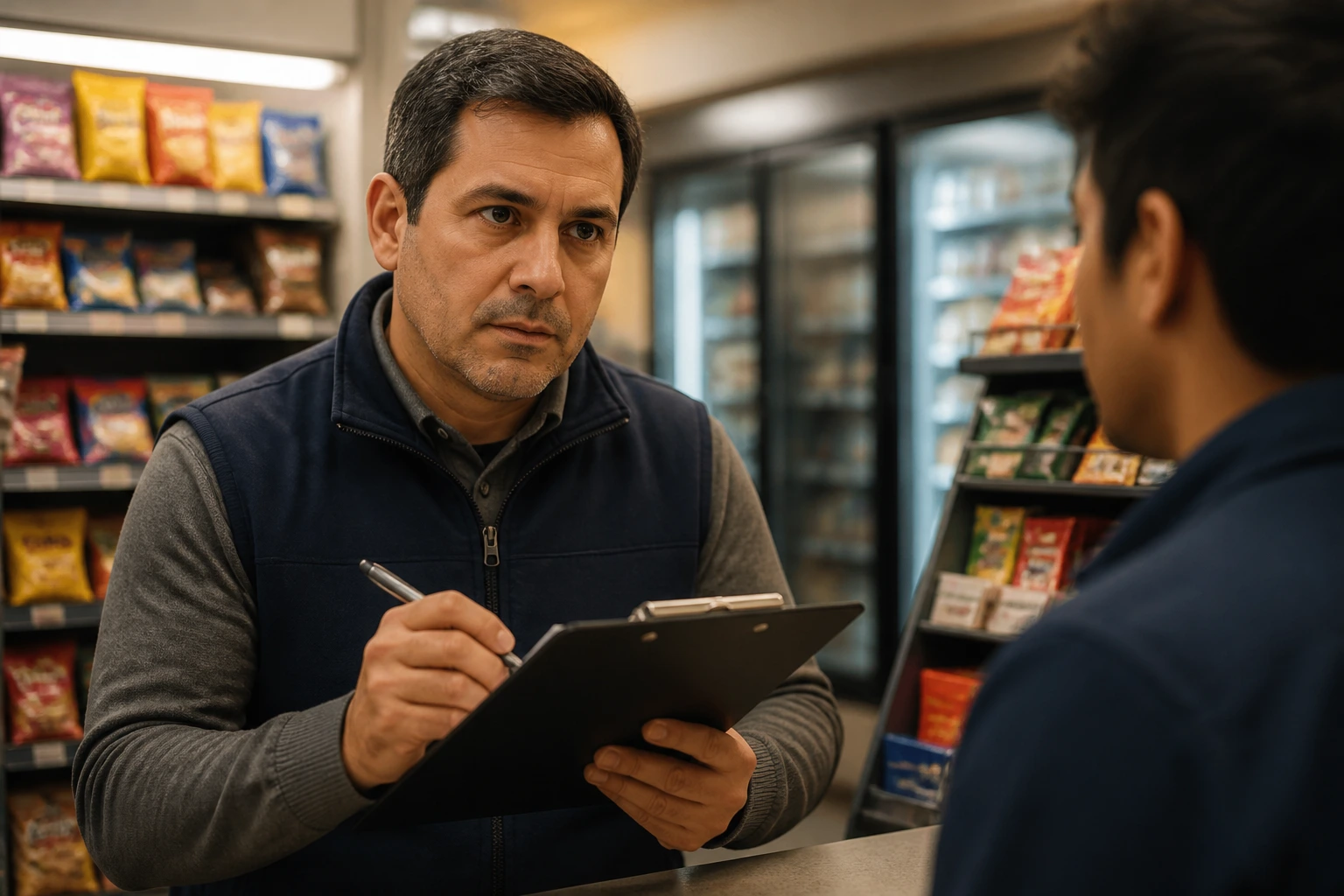 Store owner evaluating a candidate's skills at a clipboard in a retail setting