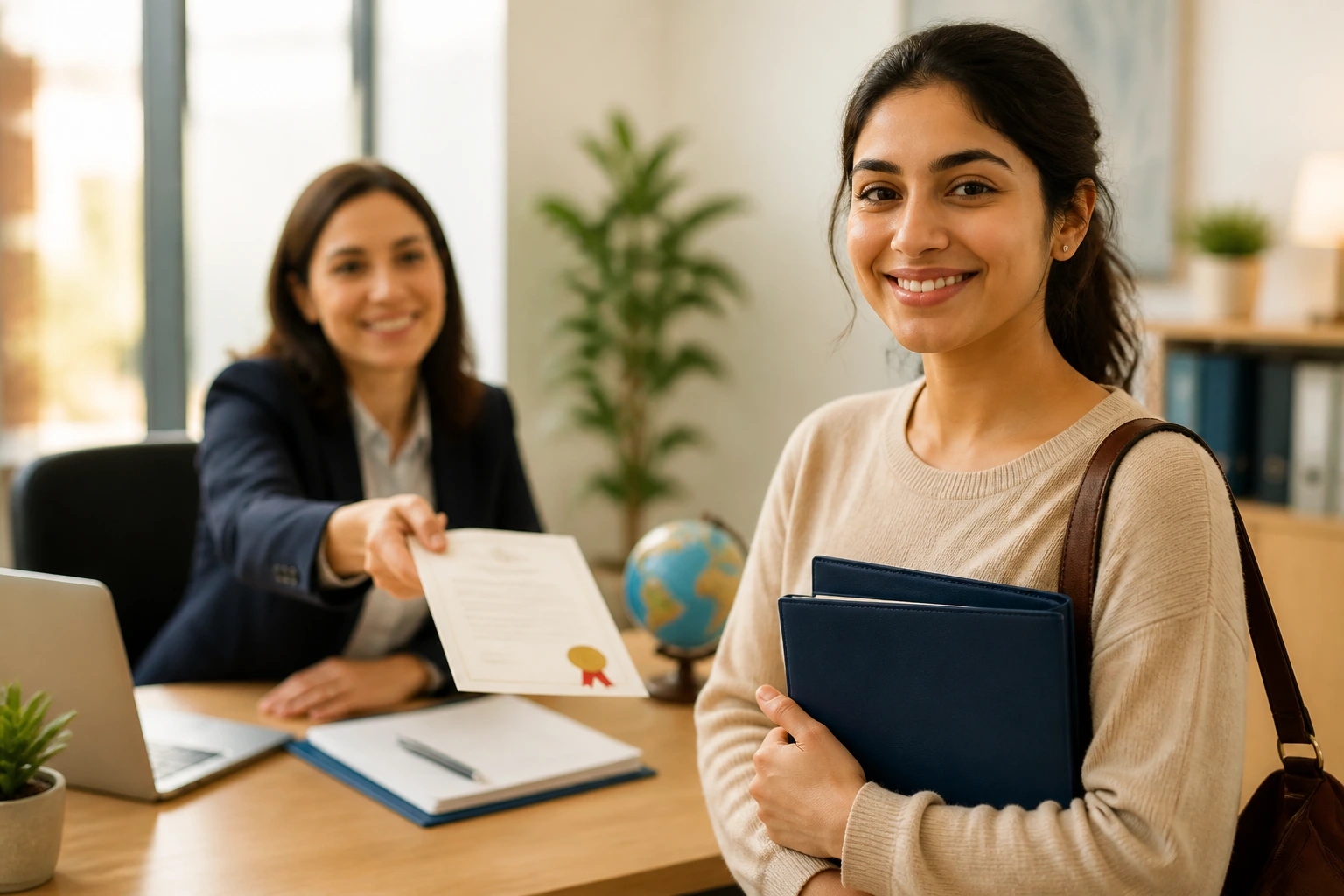 Applicant in an office after sponsorship receiving documents