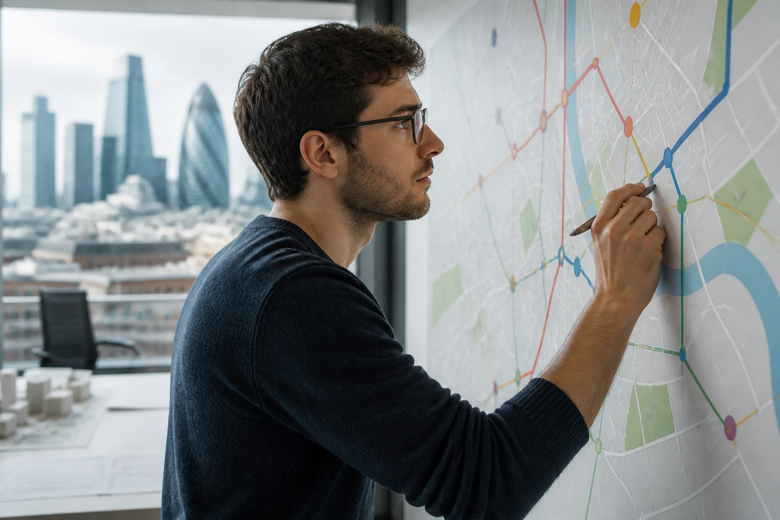 Candidate assessing a color-coded sponsorship map on a wall in a modern office