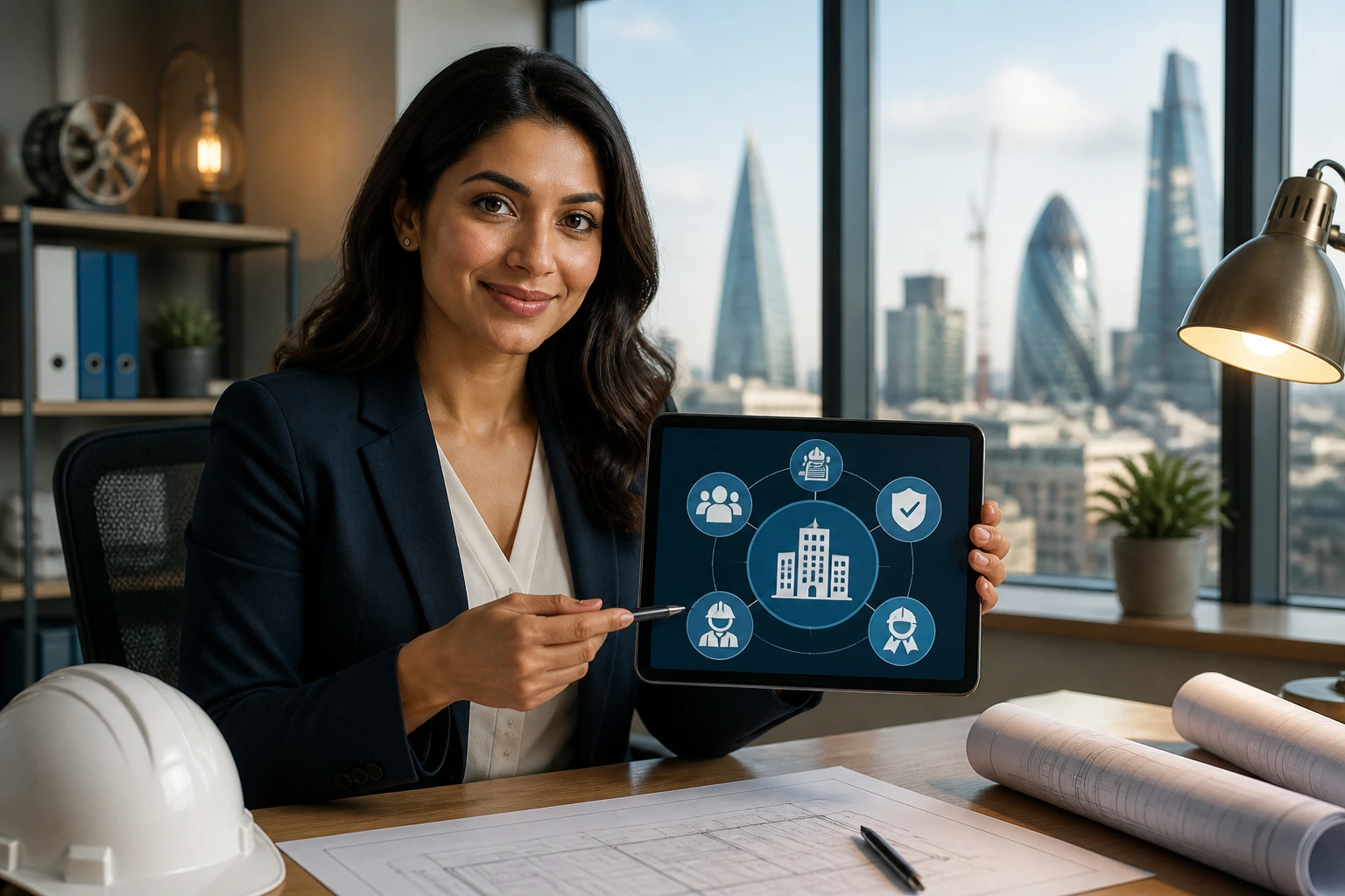 Recruiter portrait with tablet showing abstract icons for sponsorship candidates
