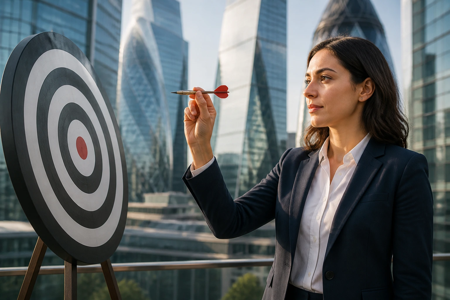 Professional evaluating potential sponsor firms in a city setting
