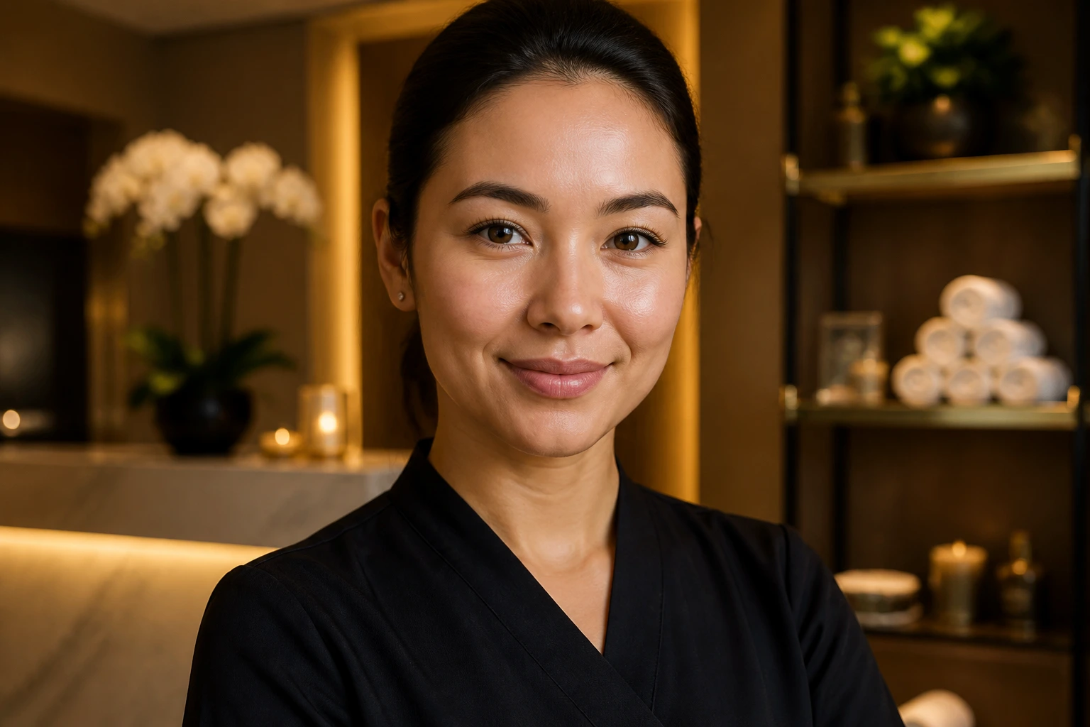 Close-up of a massage therapist in a luxury UK hotel spa, suggesting sponsorship opportunities