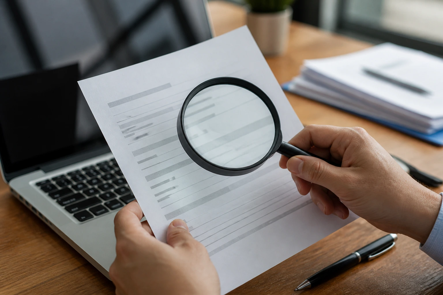 Hands using a magnifying glass over documents beside a laptop in an office