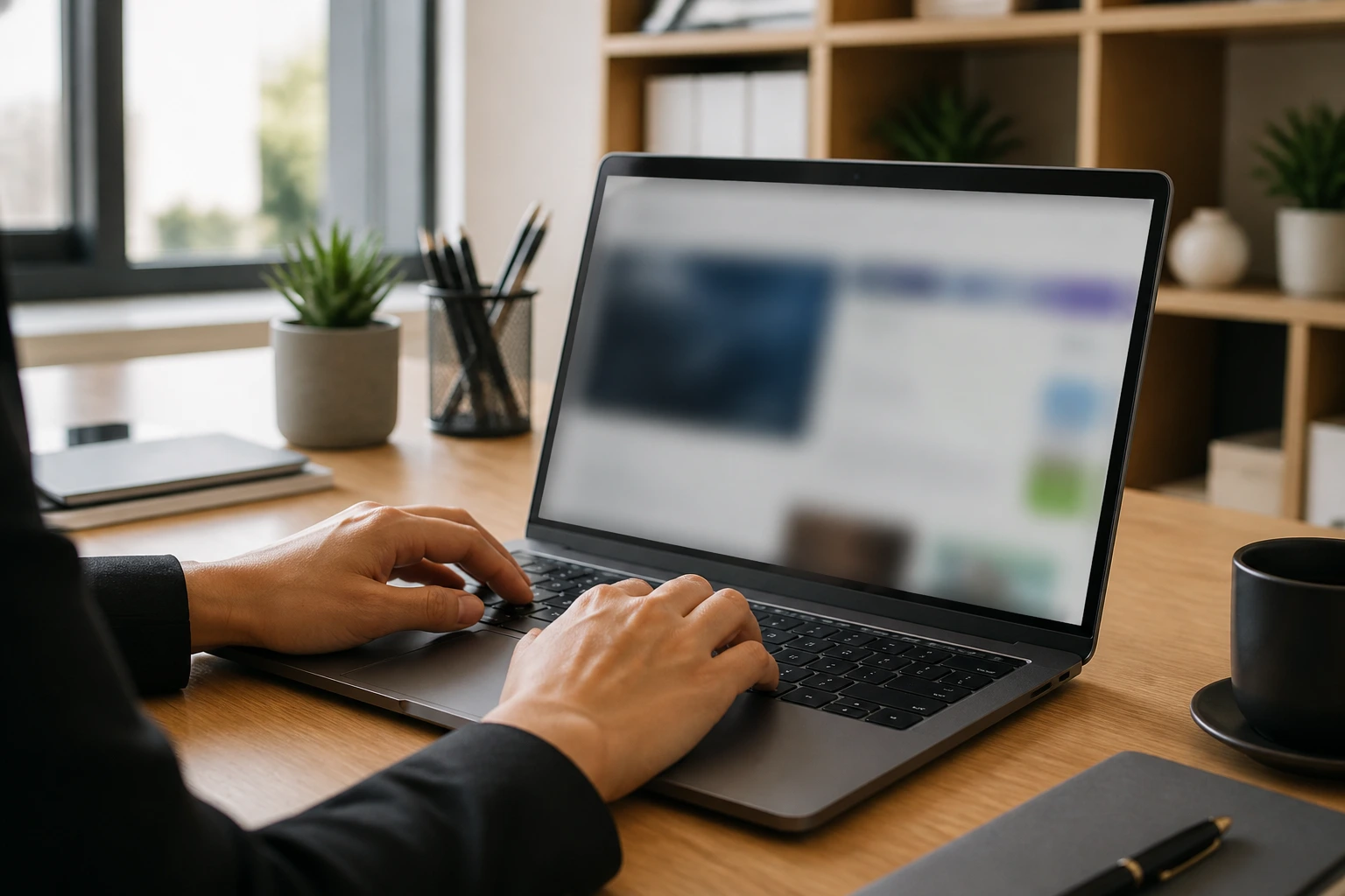 Hands typing on a laptop in a modern office with a blurred screen and no text visible.