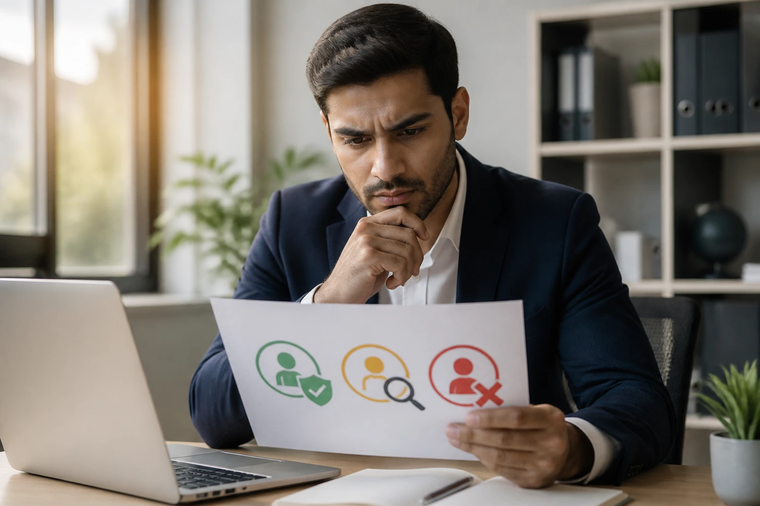 Close-up of a professional in an office examining sponsorship icons on a document (no text).