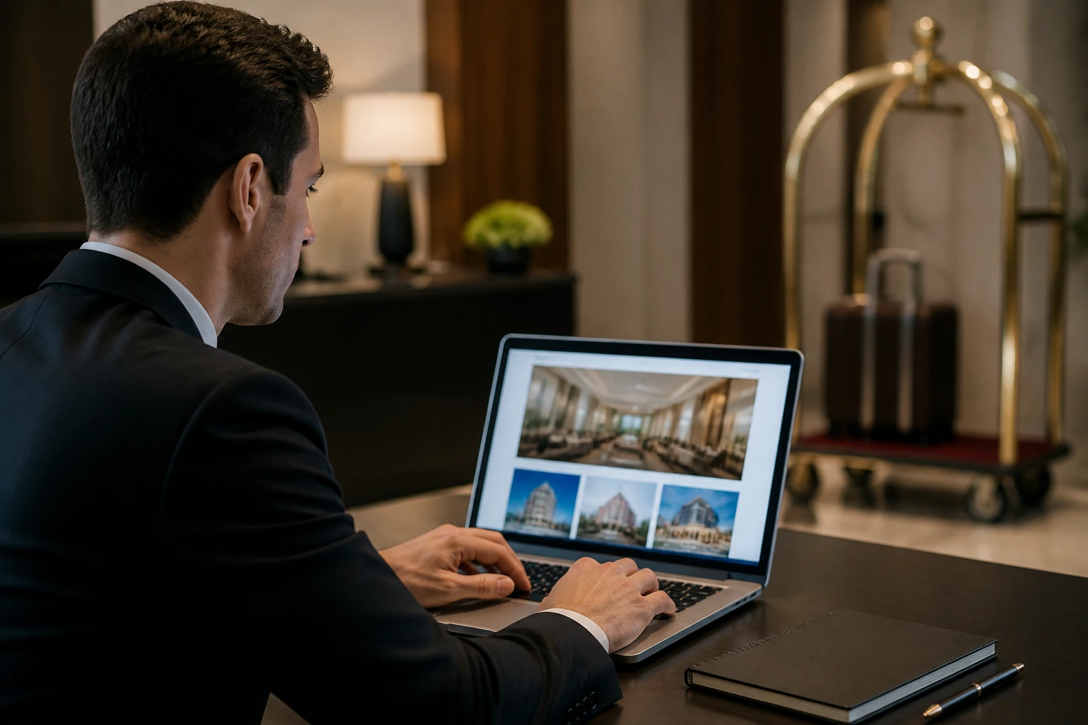Professional examining sponsorship information on a laptop with a non-text screen