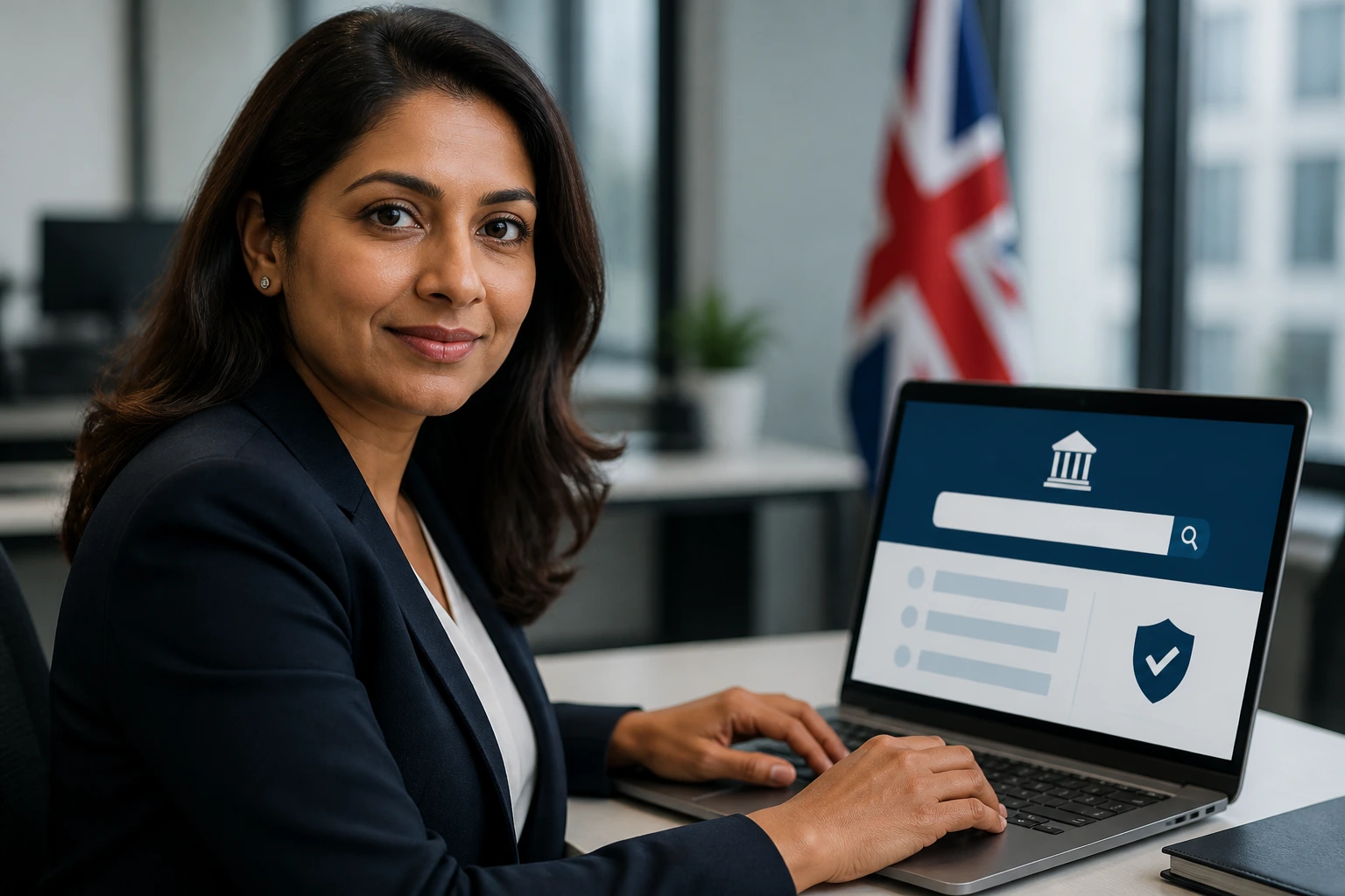 Professional verifying employer sponsorship on laptop in an office, no text on screen