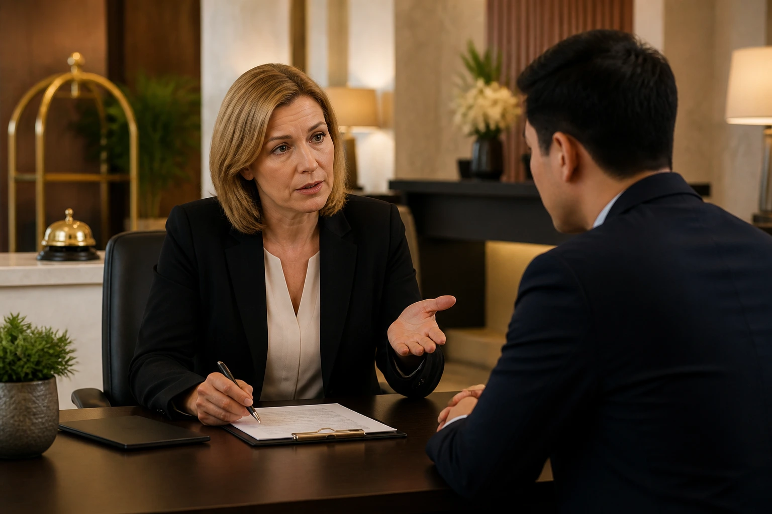HR manager in office discussing sponsorship with candidate