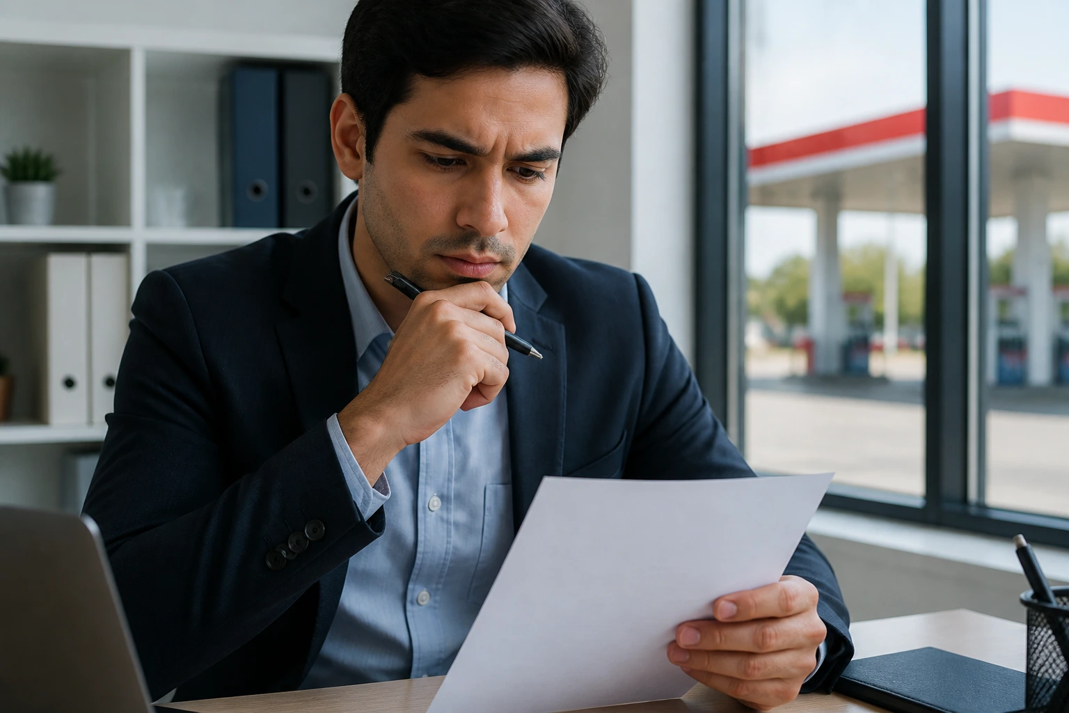 Portrait of a professional reviewing a blank contract at a desk
