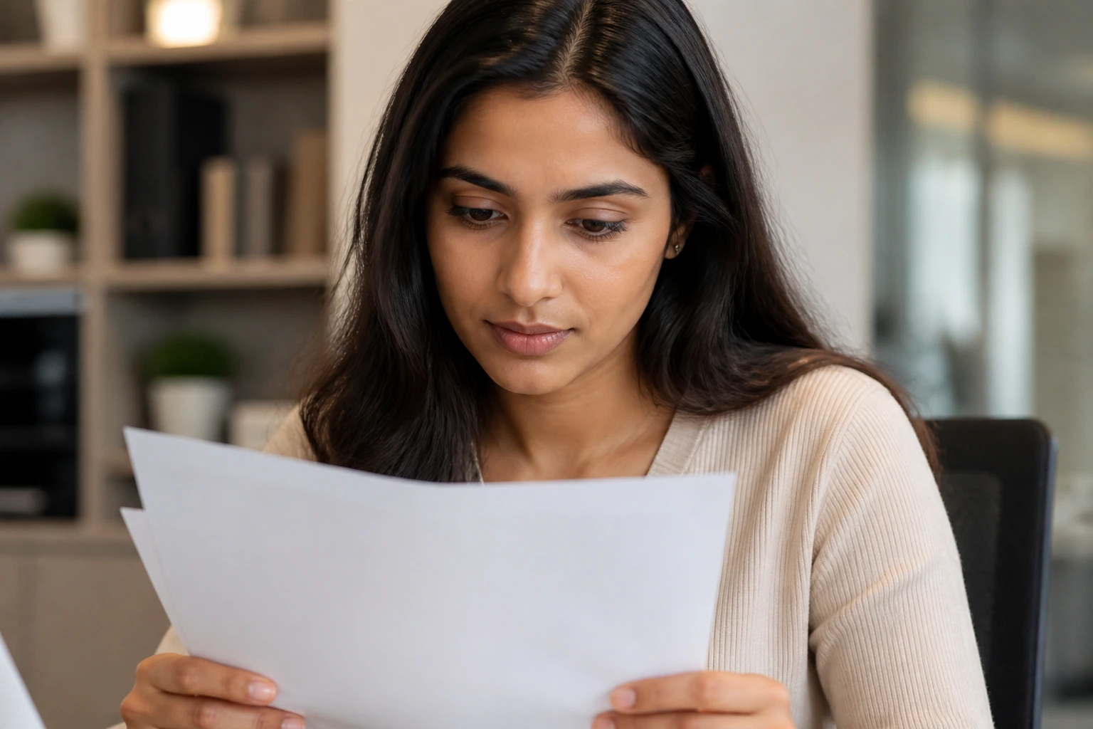 Close-up of a person reviewing sponsorship documents at a desk