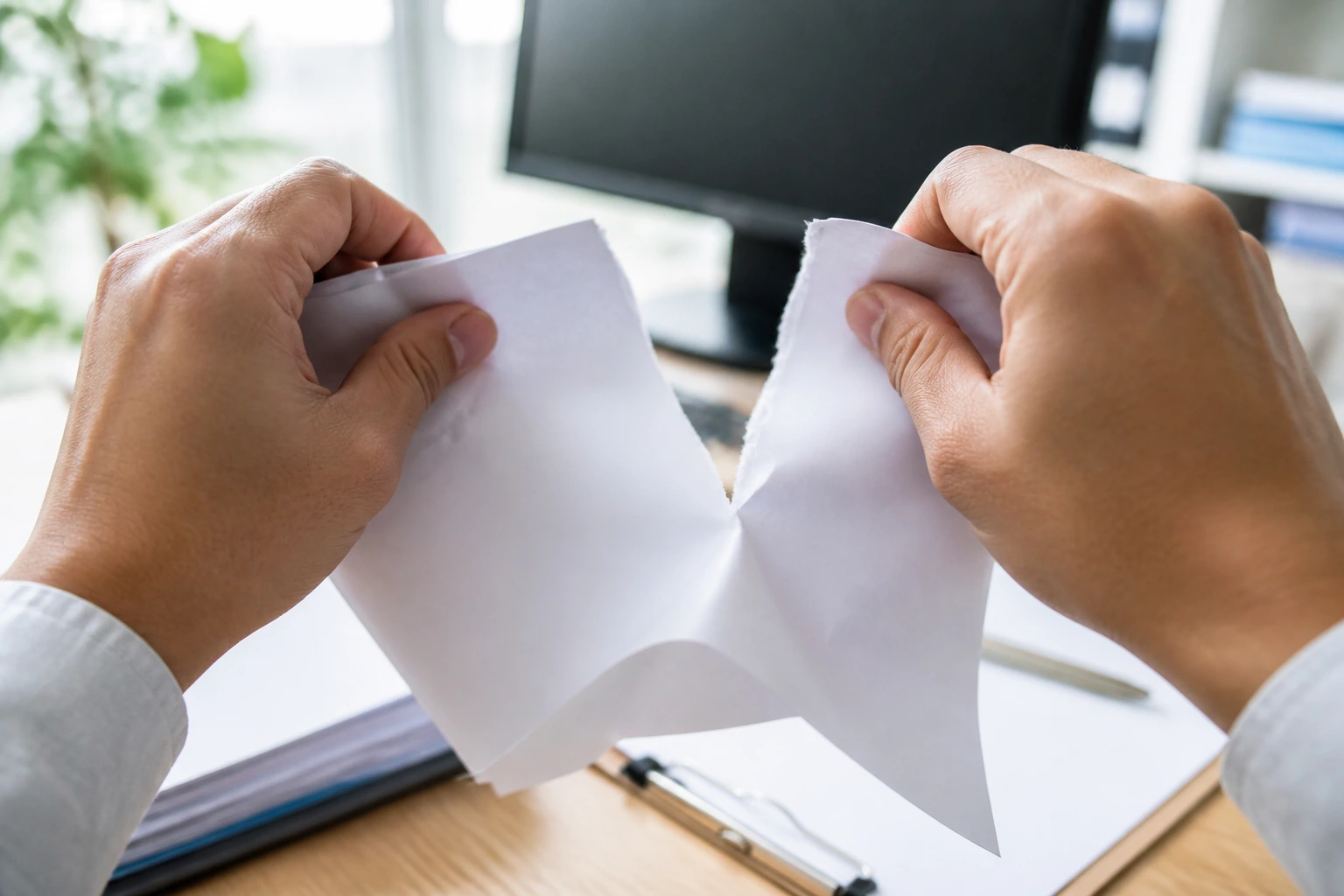 Close-up of hands tearing a contract to illustrate sponsorship offers falling apart in an office