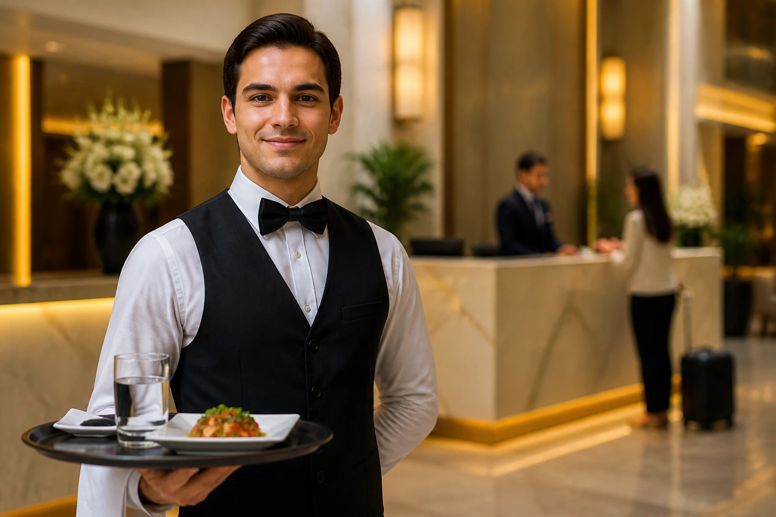 Waiter in hotel lobby in uniform, ready for sponsorship opportunities