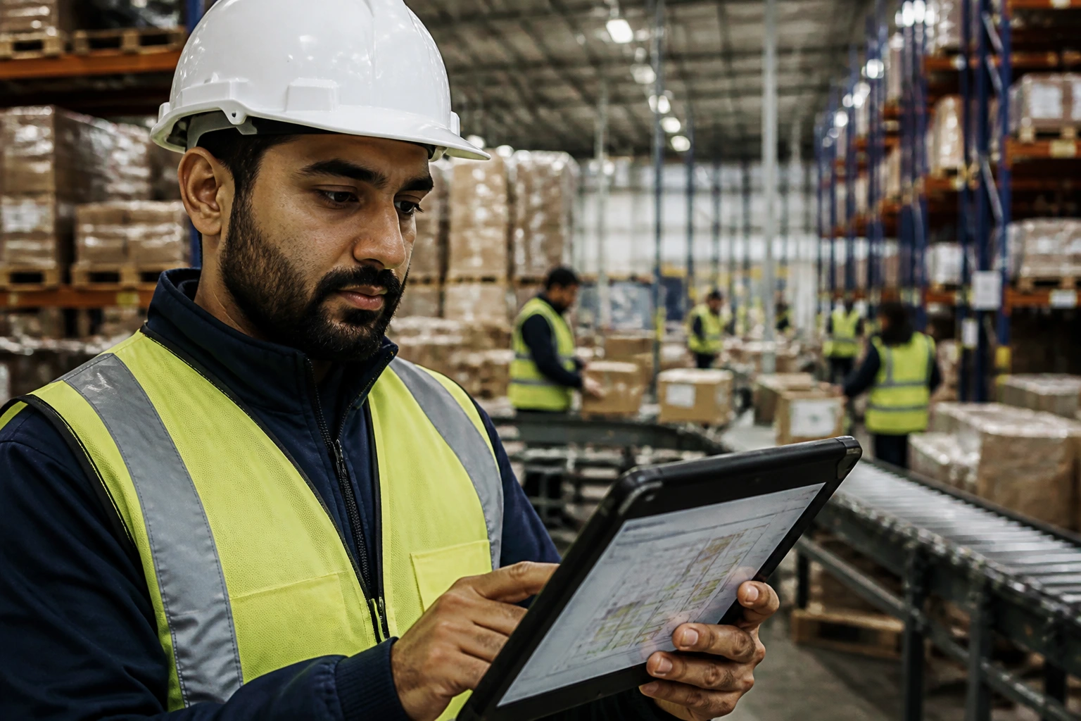 Warehouse supervisor examining a tablet in a dispatch area