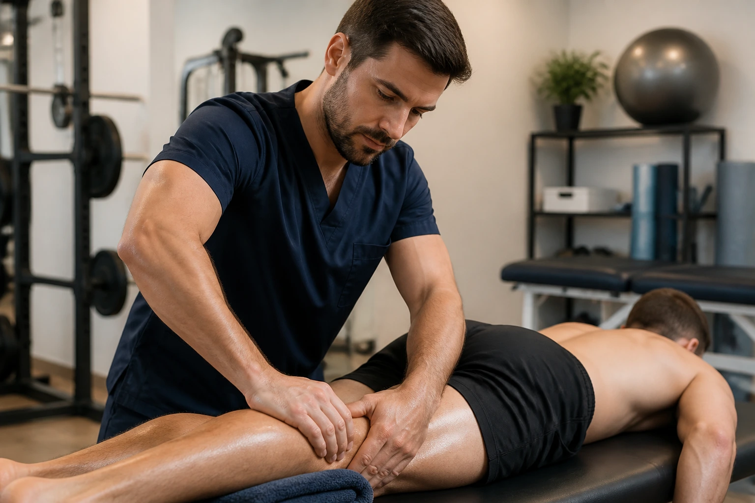 Therapist performing sports massage in a clinical rehab setting