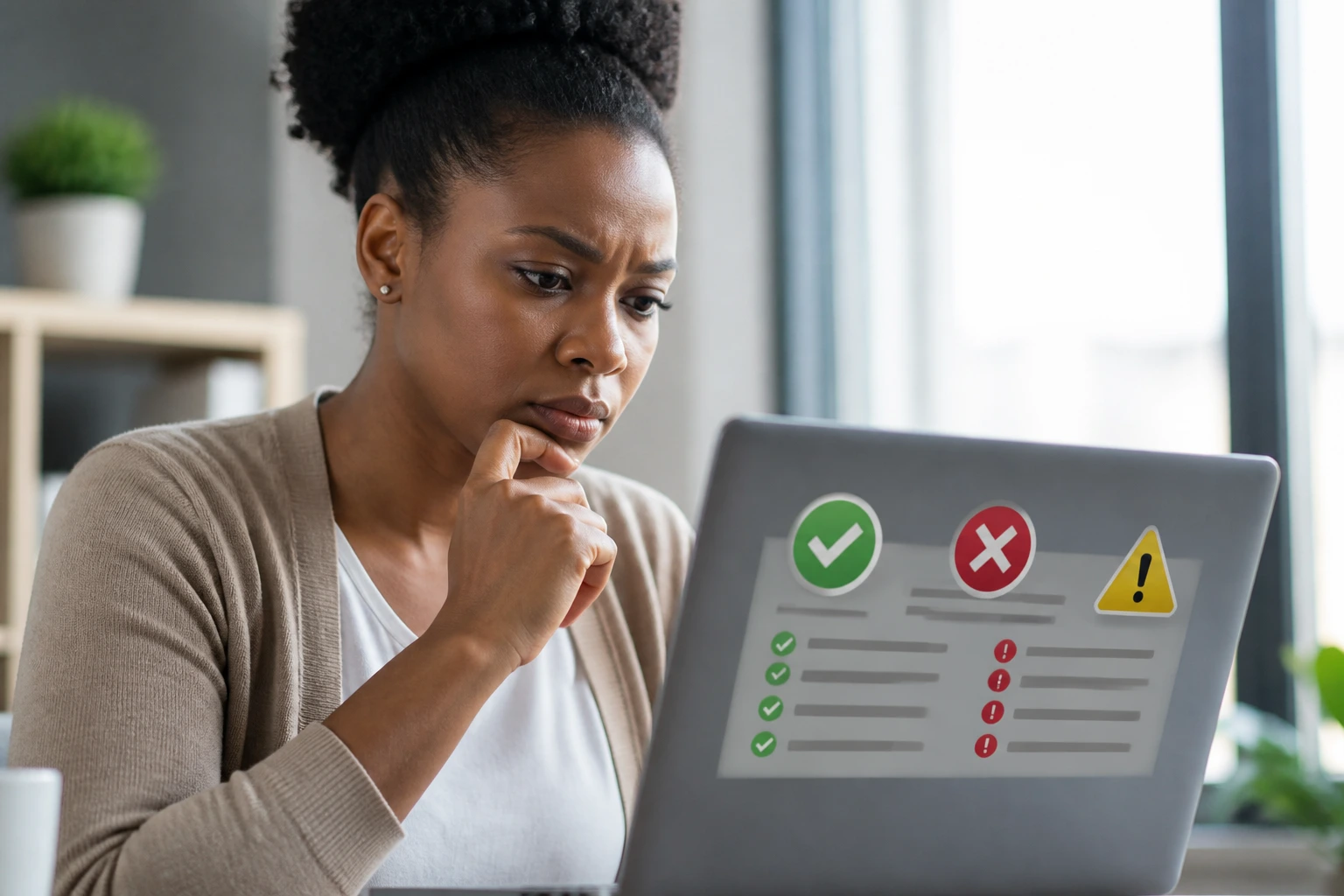 Close-up portrait of a job seeker examining a laptop screen with non-text symbols