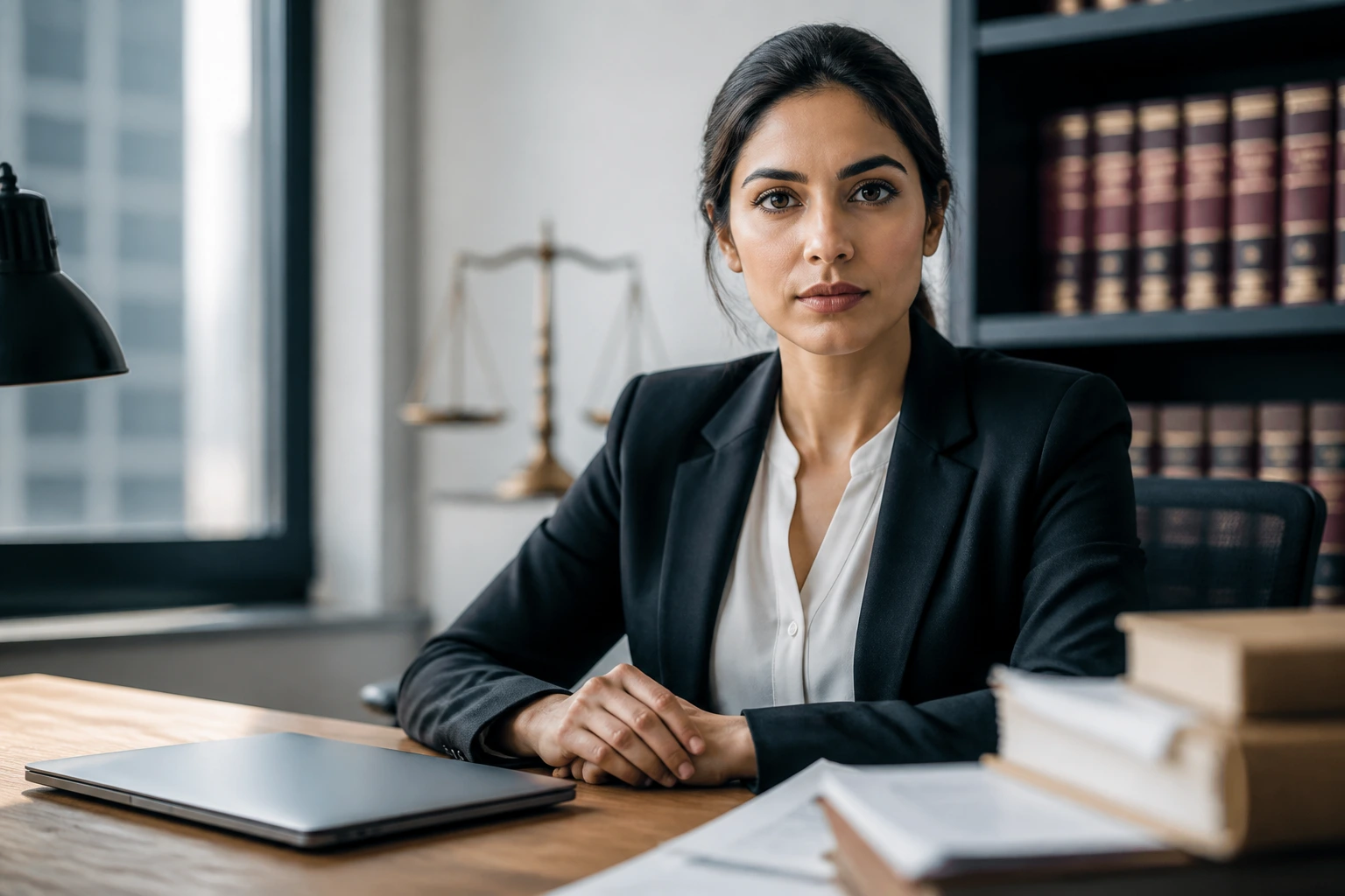 Close-up portrait of a legal professional at a desk, focusing on SRA and SQE compliance in a modern office.