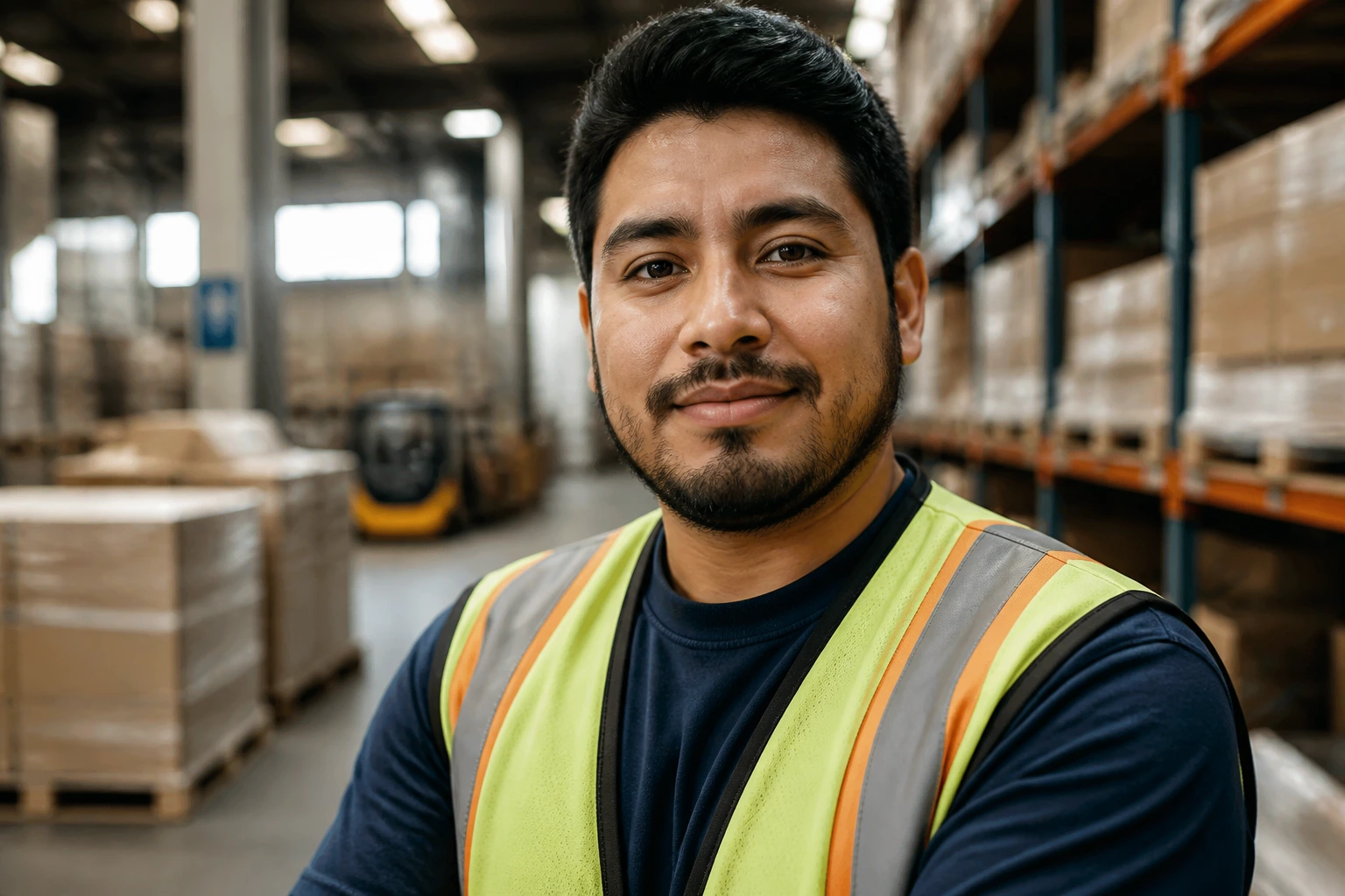 Close-up portrait of a warehouse worker signaling stability in logistics