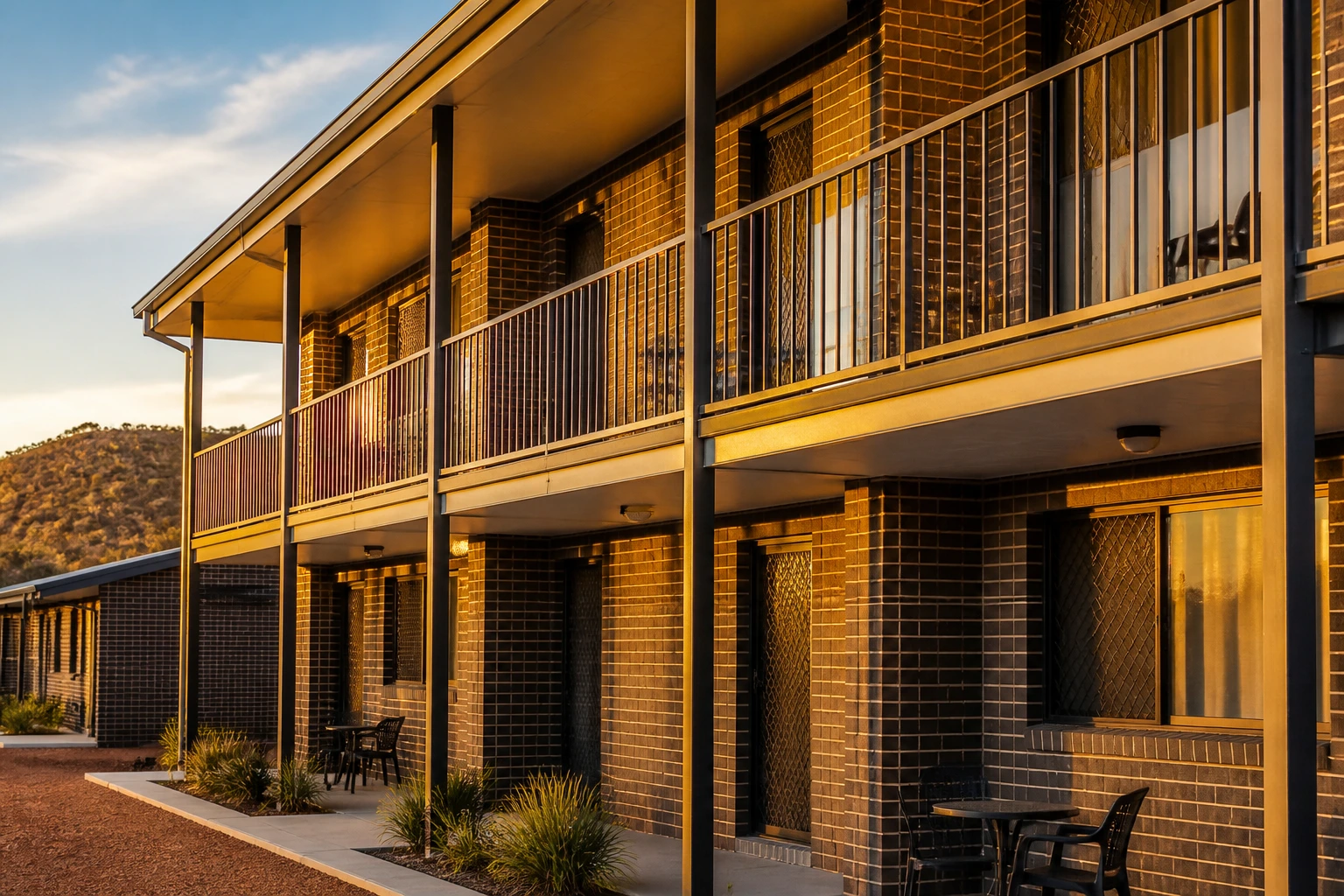 Close-up of a modern staff housing block on an Australian site, warm afternoon light.