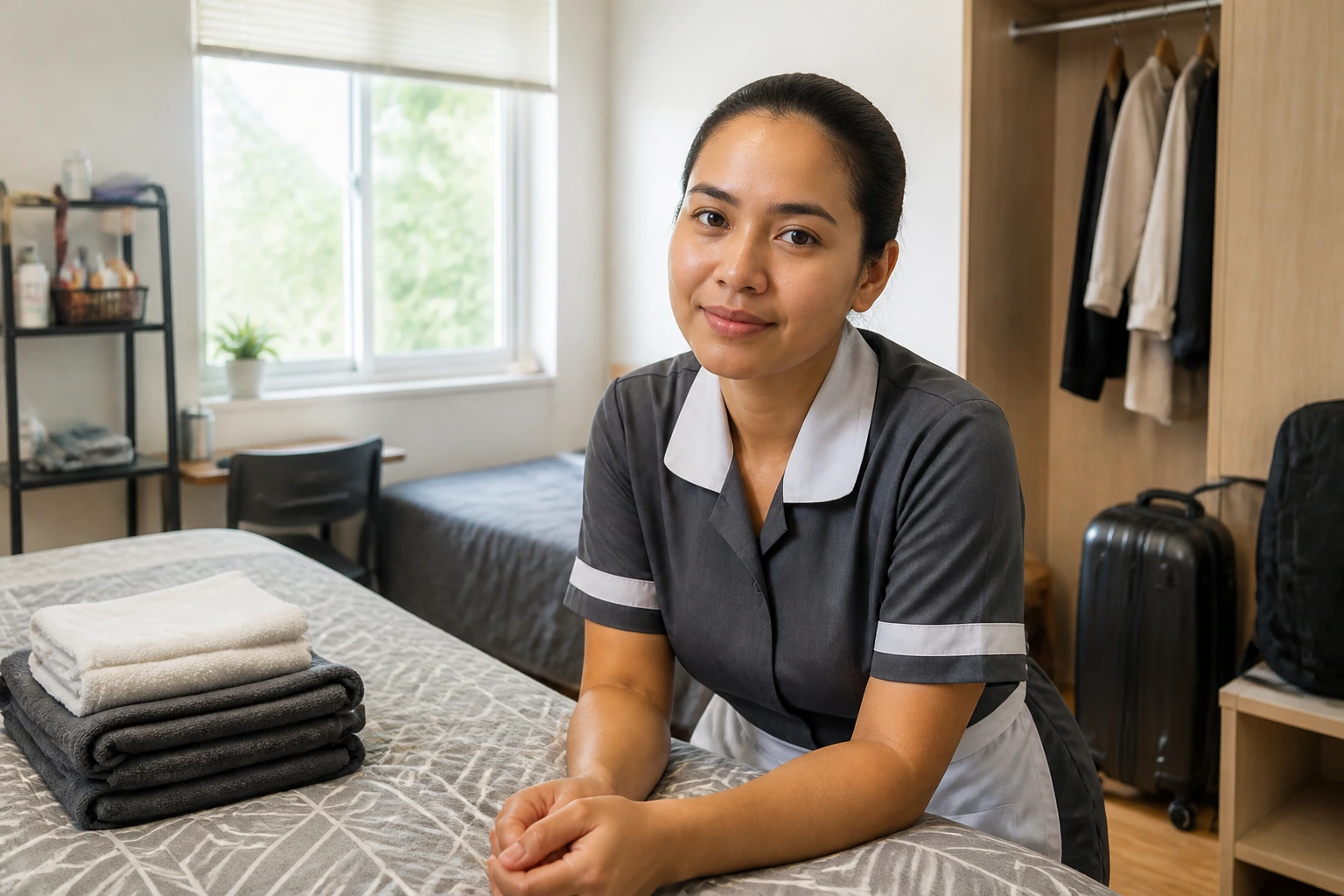 Real person in shared staff housing room looking relaxed after arrival