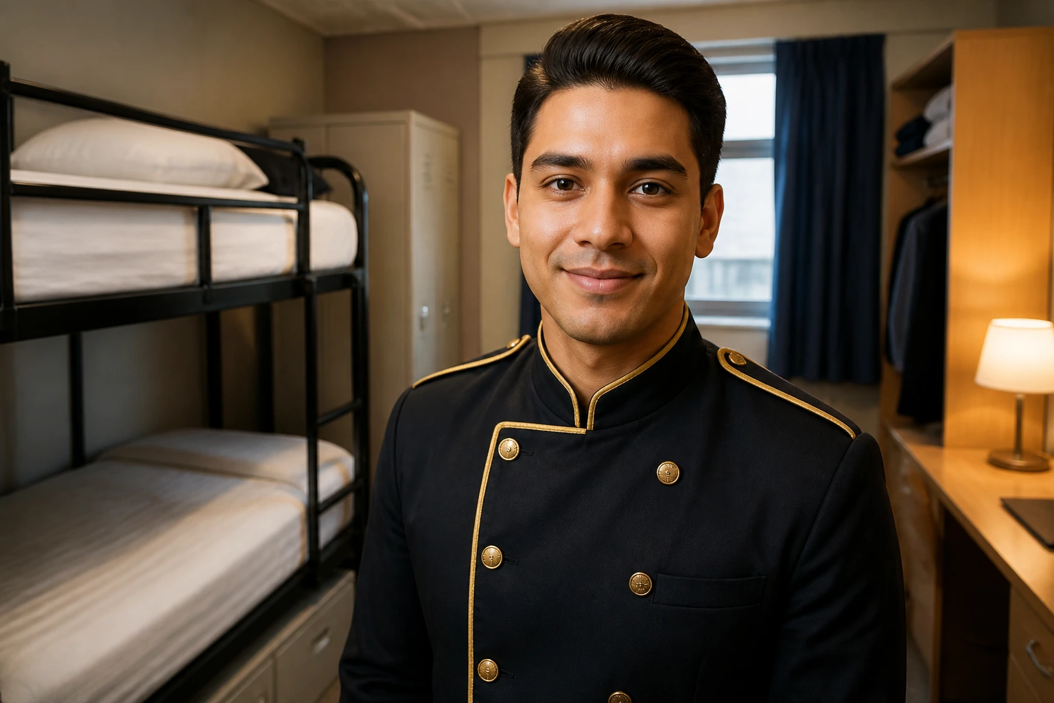 Hotel staff member in uniform in a compact dorm room with bunk beds