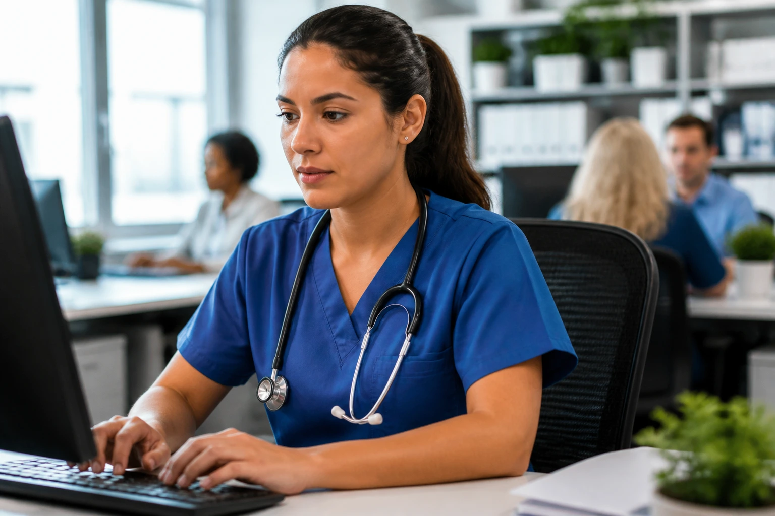 Nurse at desk representing staffing agency role.