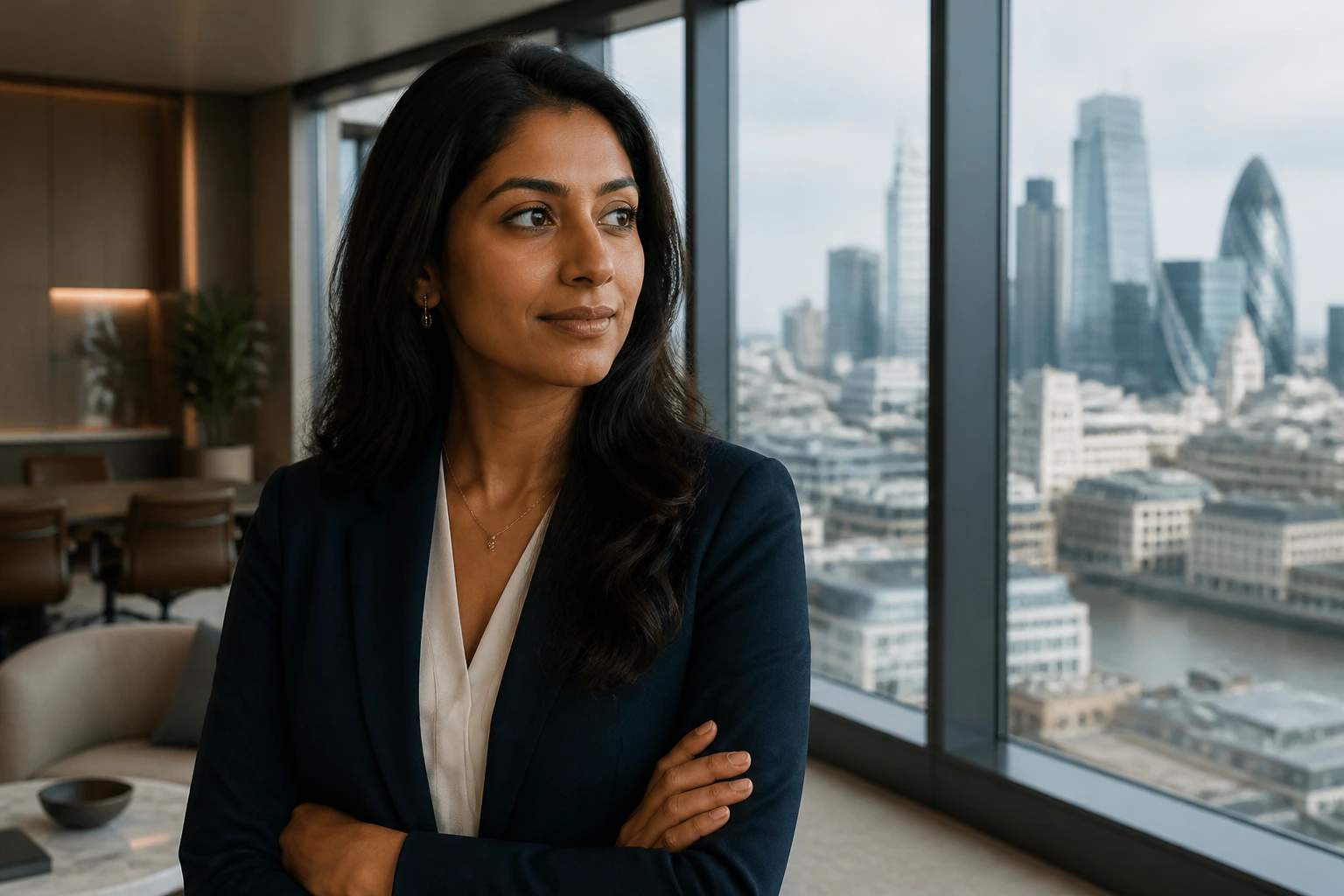 Close-up portrait of a professional in a London office symbolizing international operations.