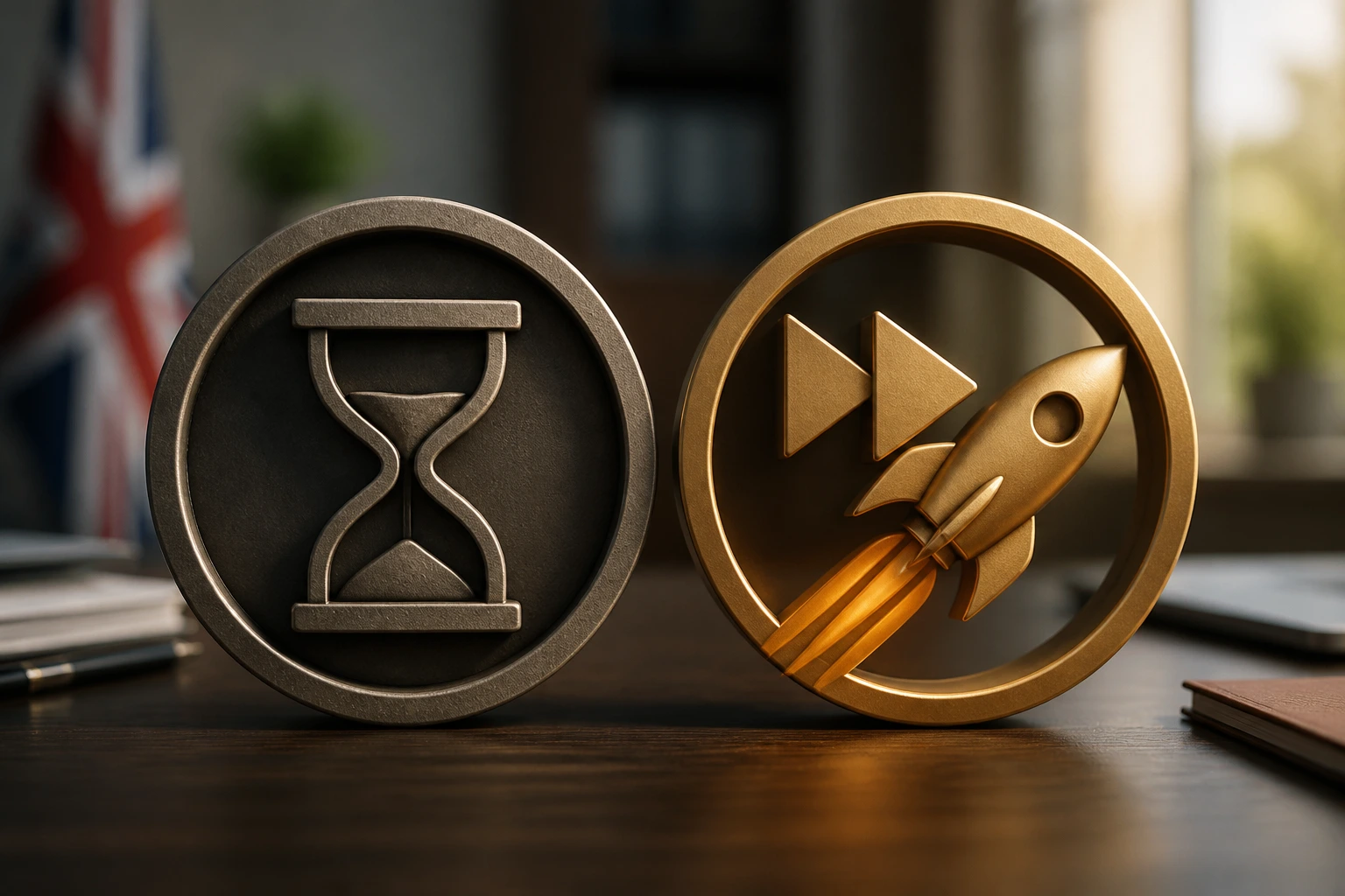 Close-up of two service-level icons representing standard and priority processing without text