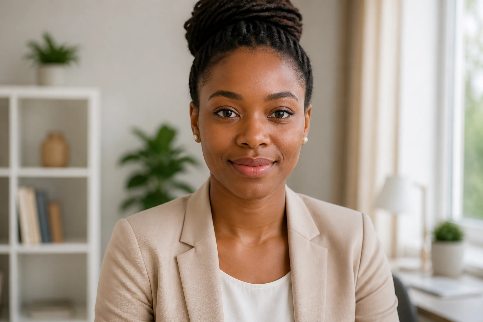 Professional head-and-shoulders portrait of a foreign applicant in a home office