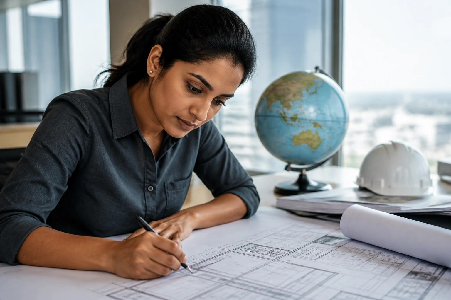 Engineer at drafting desk with plans at Stantec