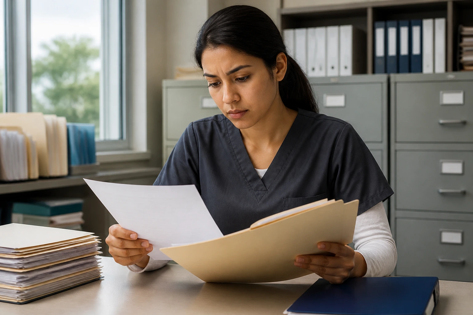 Prospective pharmacy technician reviewing registration paperwork in regulatory office