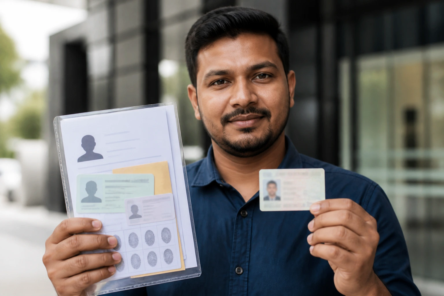 Applicant awaiting accreditation with blurred urban background